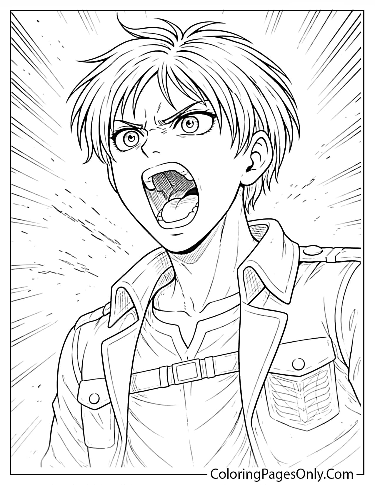 Eren Yeager screaming with intense emotion close up coloring page from Attack On Titan