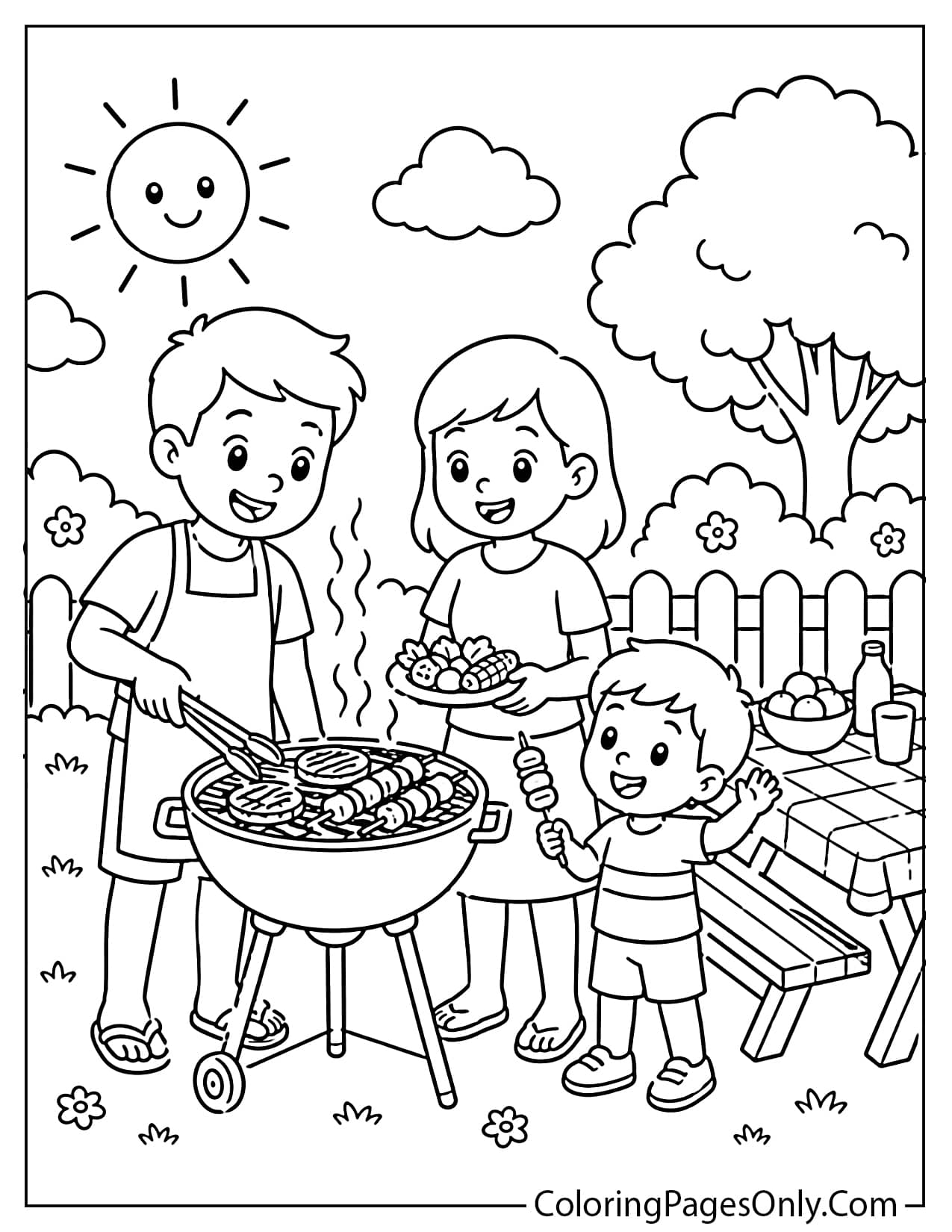 Family barbecue summer coloring page with grill and picnic table from Summer