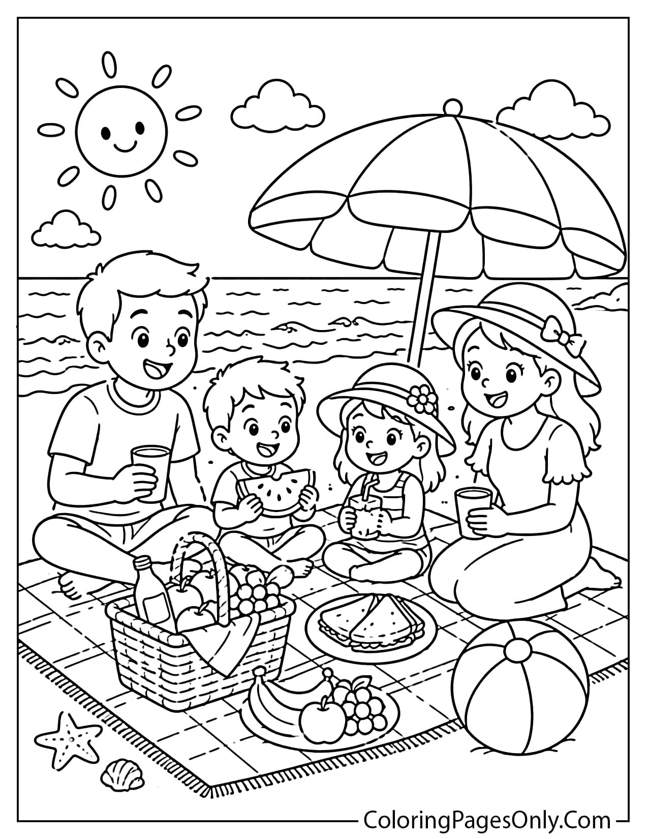 Family beach picnic coloring page from Beach