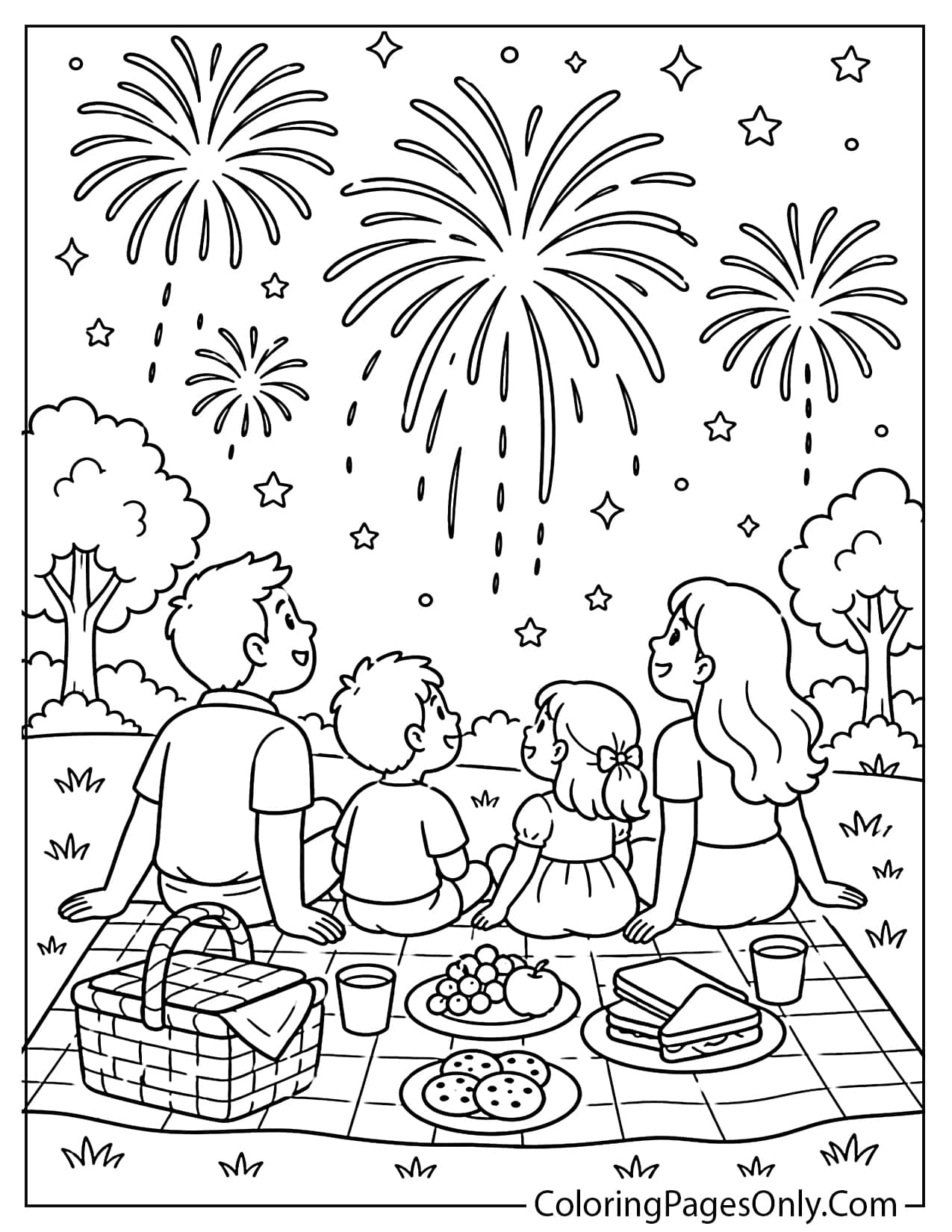 Family Picnic Watching Fireworks Coloring Page from Fireworks