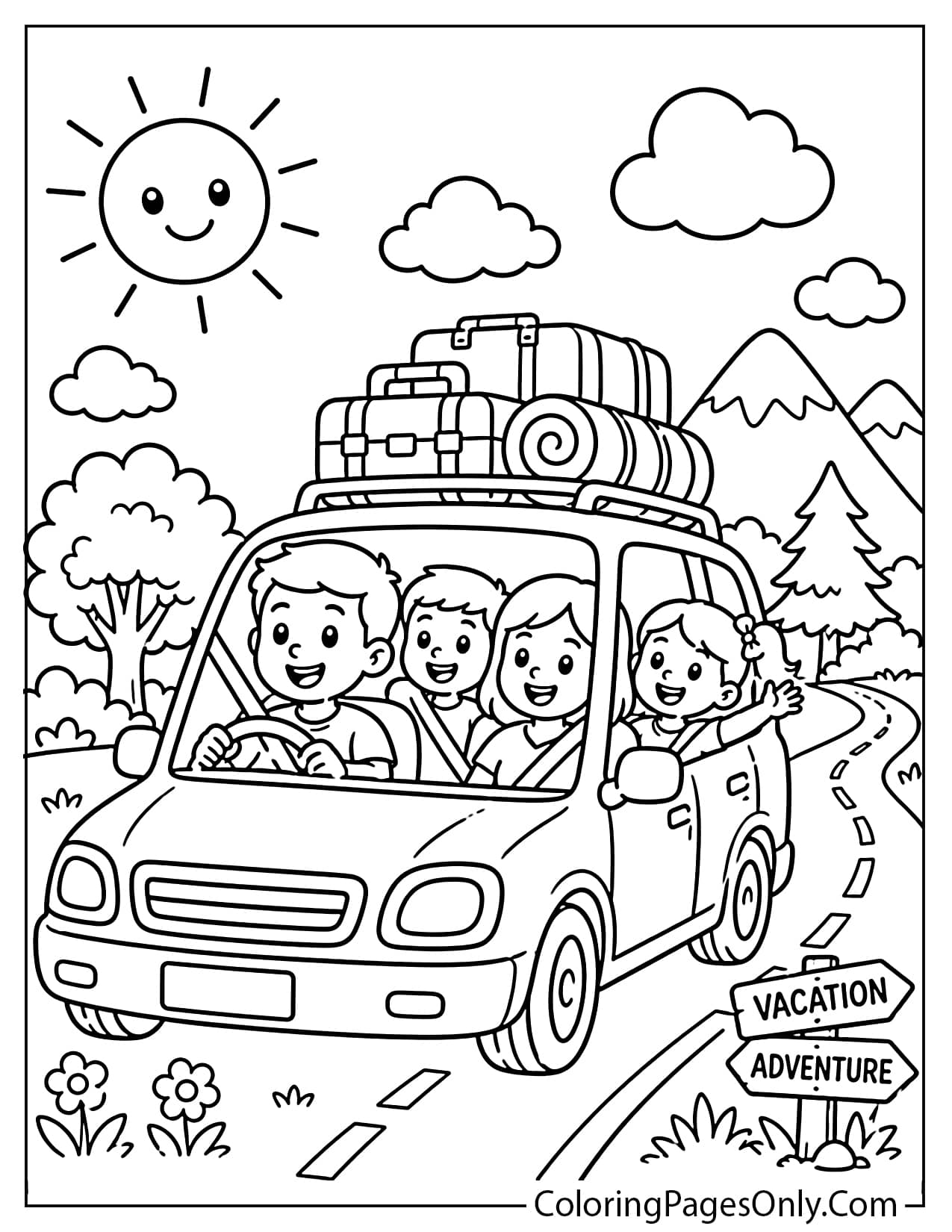 Family road trip summer vacation coloring page with car and luggage from Summer