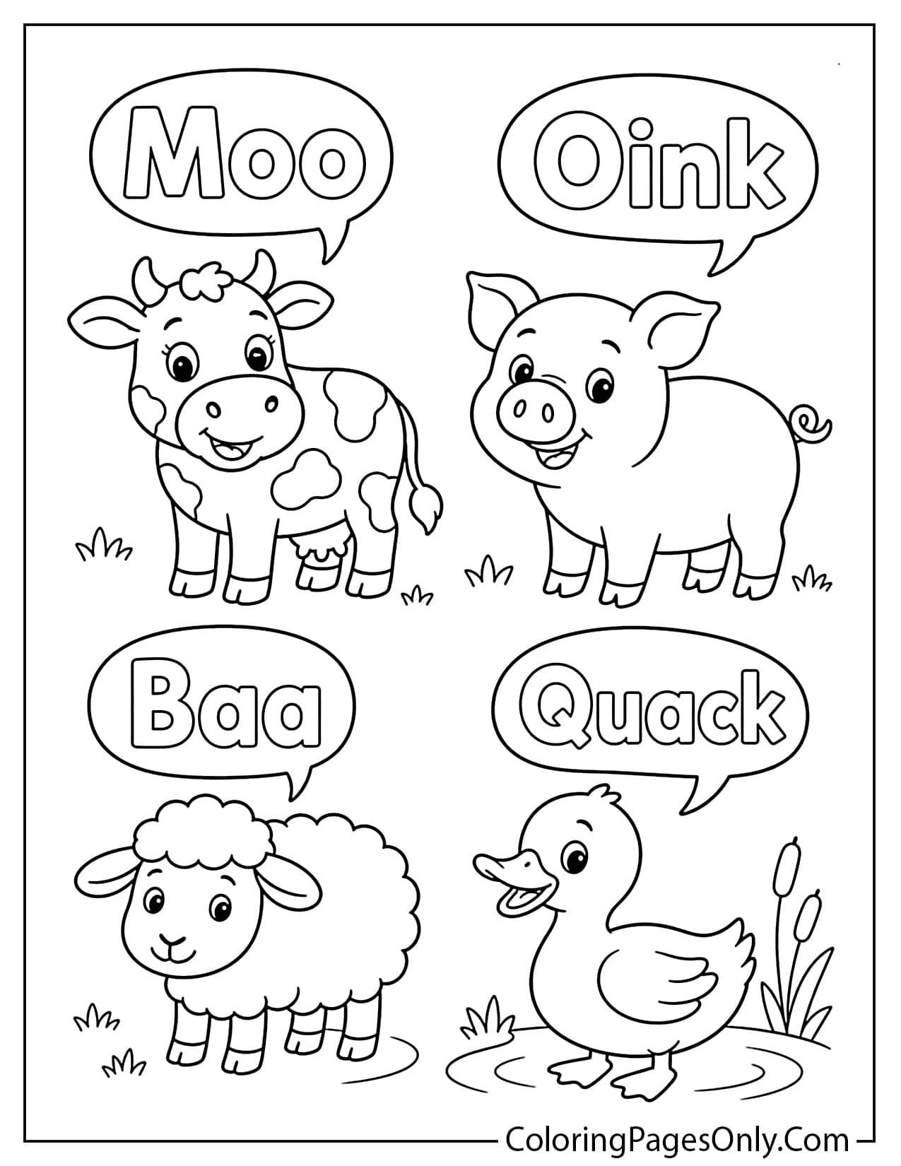 Farm Animal Sounds Coloring Page With Cow Pig Sheep And Duck from Farm Animal