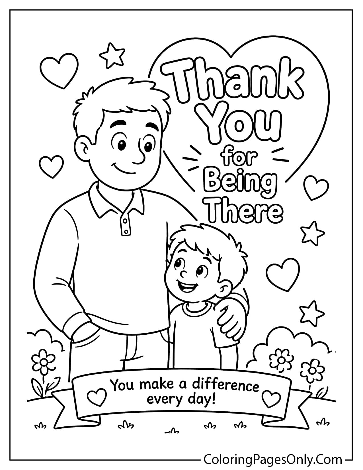 Father figure appreciation coloring page with child and thank you message from Father's Day