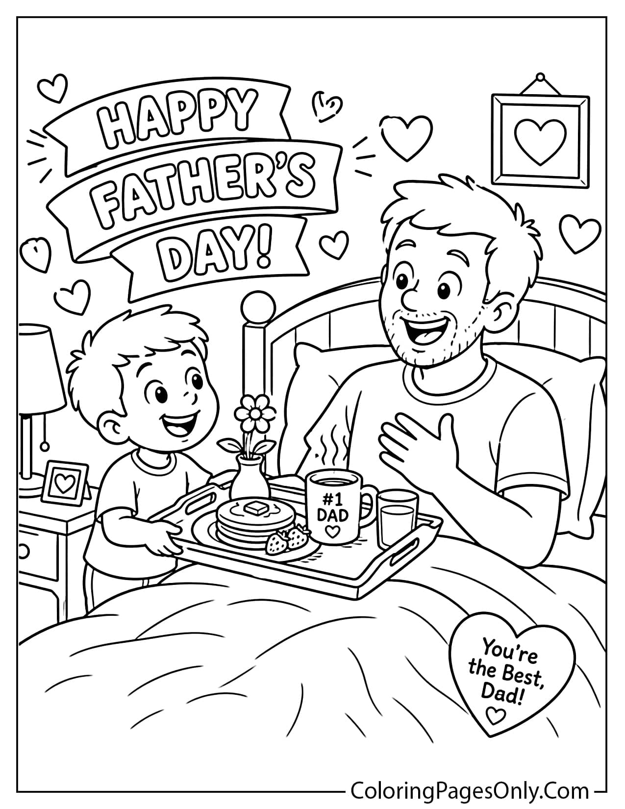 Father’s day breakfast in bed coloring page with tray and child from Father's Day