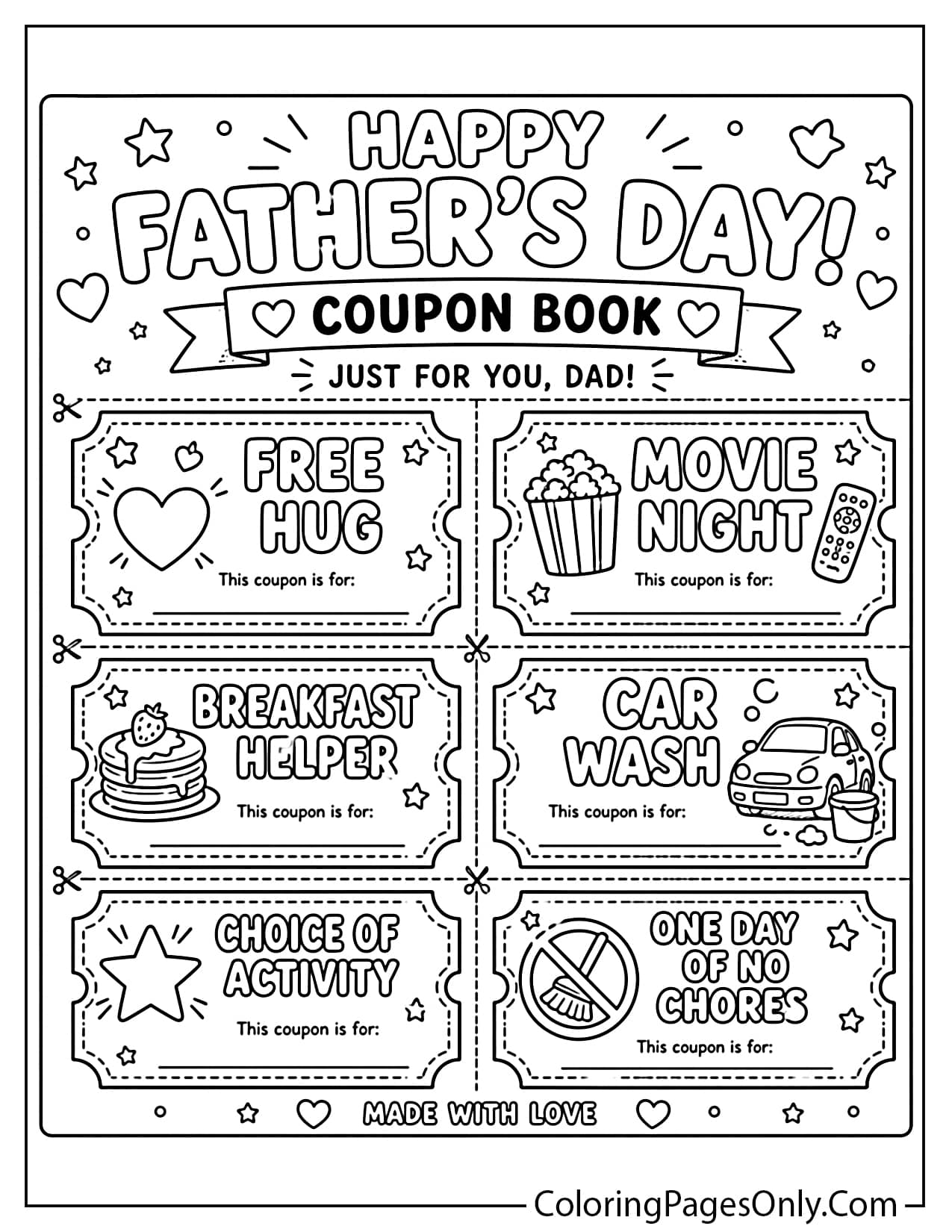 Father’s day coupon book coloring page printable for kids from Father's Day