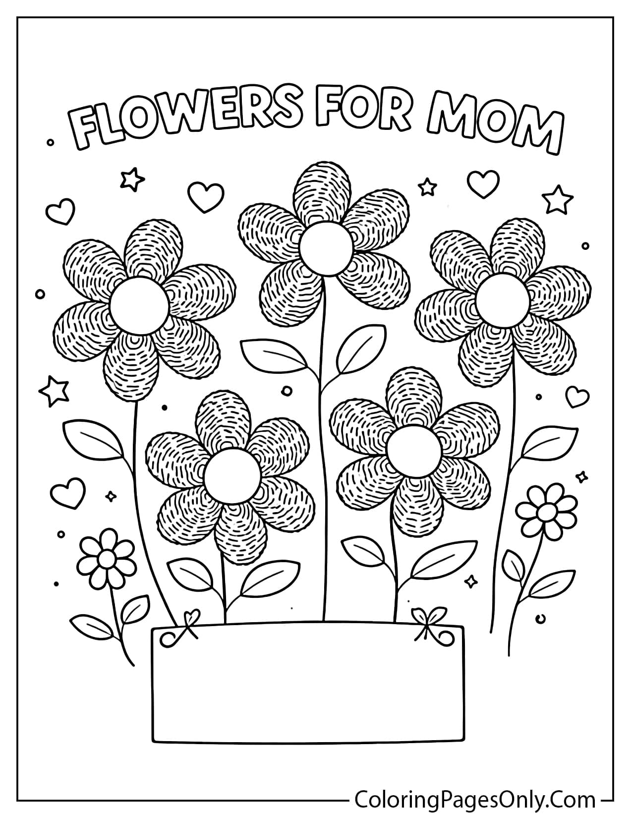 Fingerprint flowers for mom coloring page with simple stems and petals for kids art activity from Mother's Day