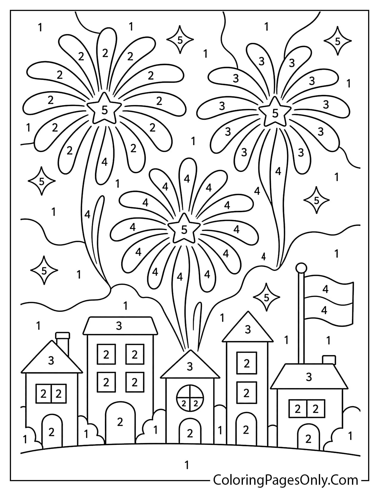 Fireworks Color by Number Coloring Page from Fireworks