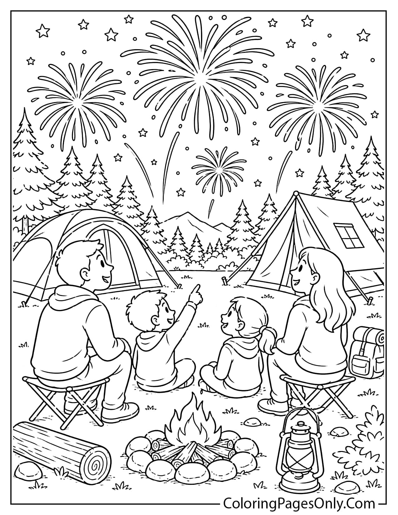 Fireworks Over a Campground Coloring Page from Fireworks