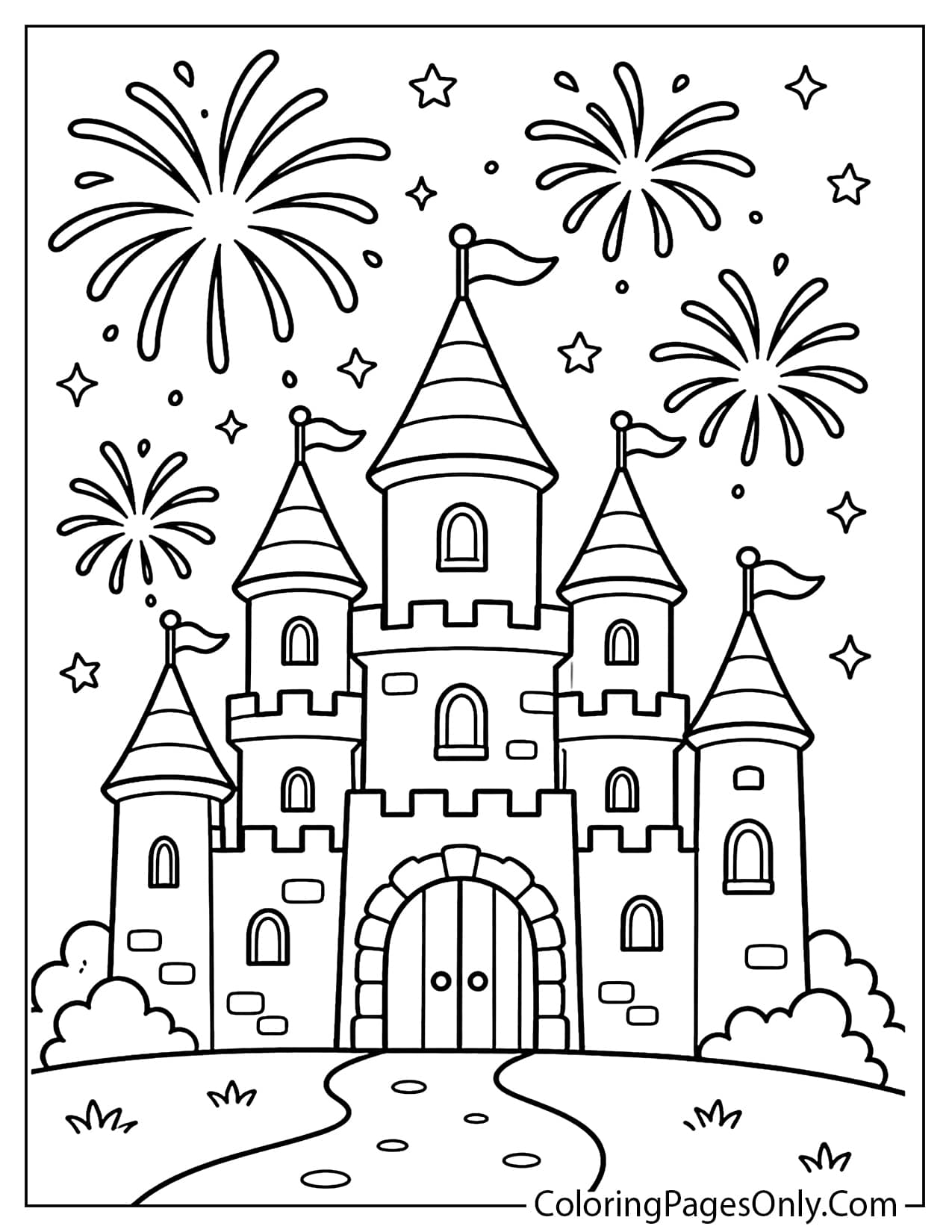 Fireworks Over a Castle Coloring Page from Fireworks