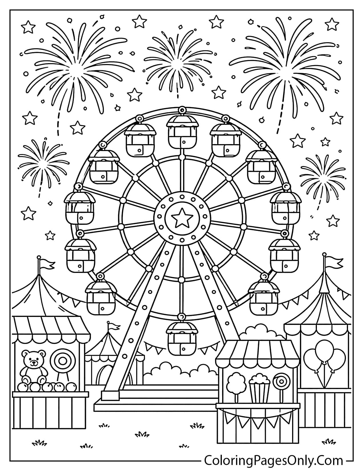 Fireworks Over a Ferris Wheel Coloring Page from Fireworks
