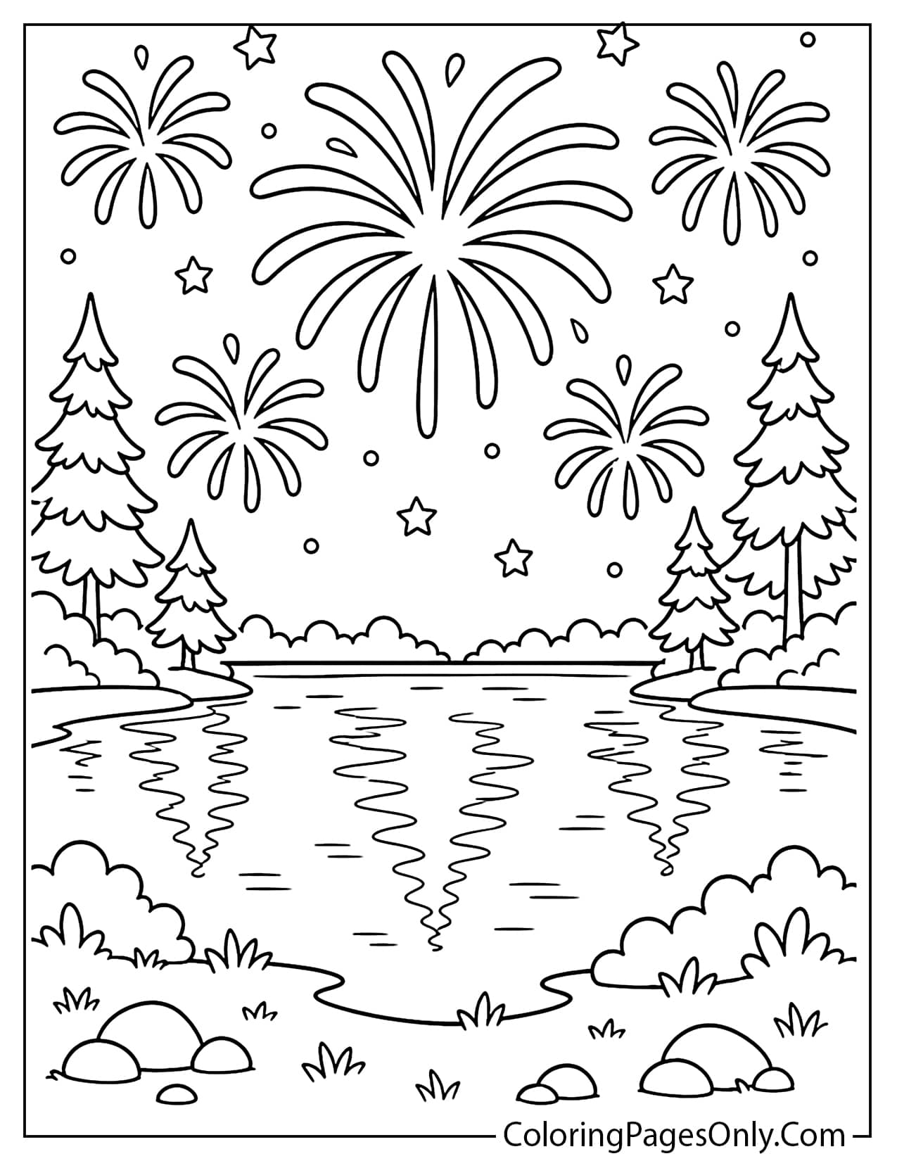 Fireworks Over a Lake Coloring Page from Fireworks