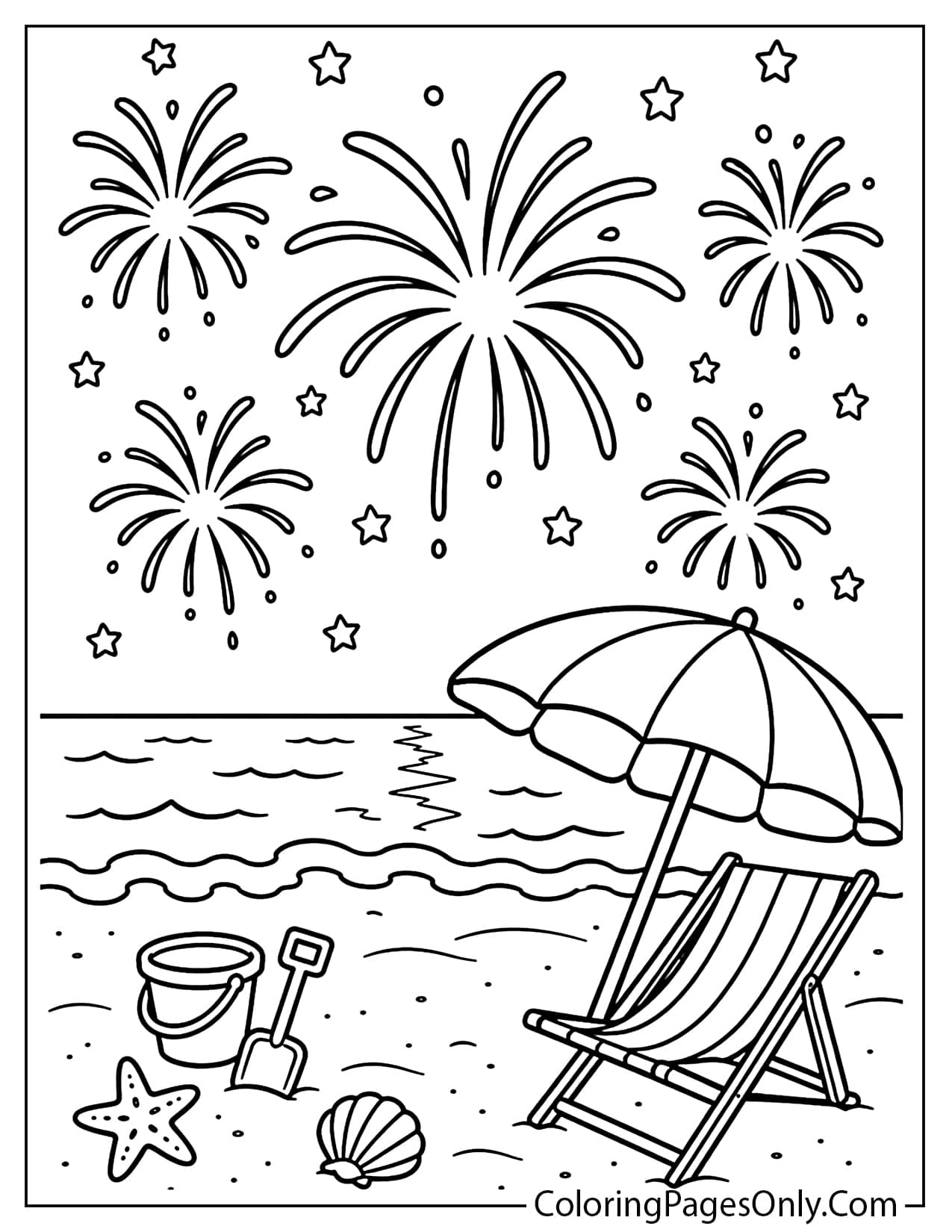 Fireworks Over the Beach Coloring Page from Fireworks