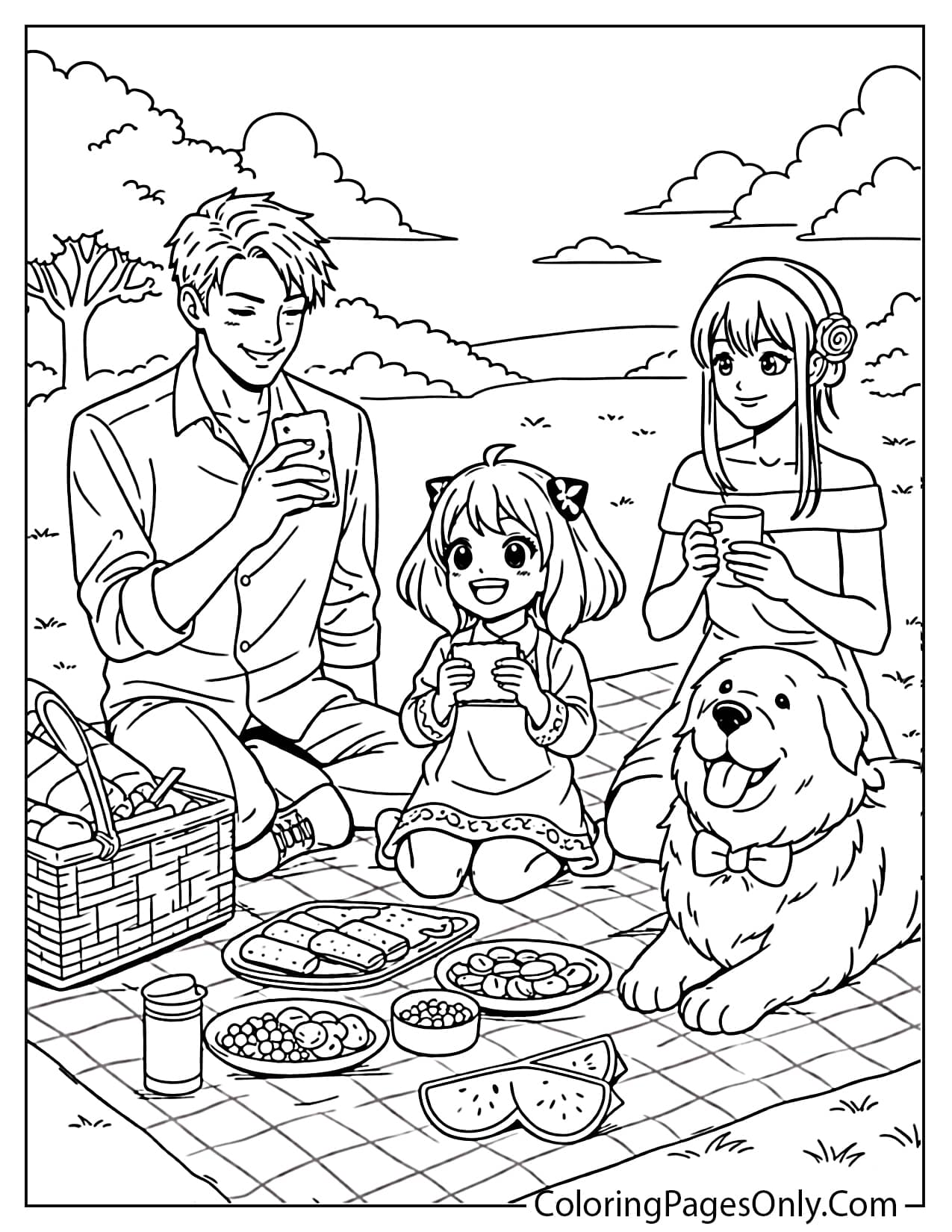 The Forger family enjoying a picnic outdoors with food, a blanket, and Bond beside them from Spy x Family