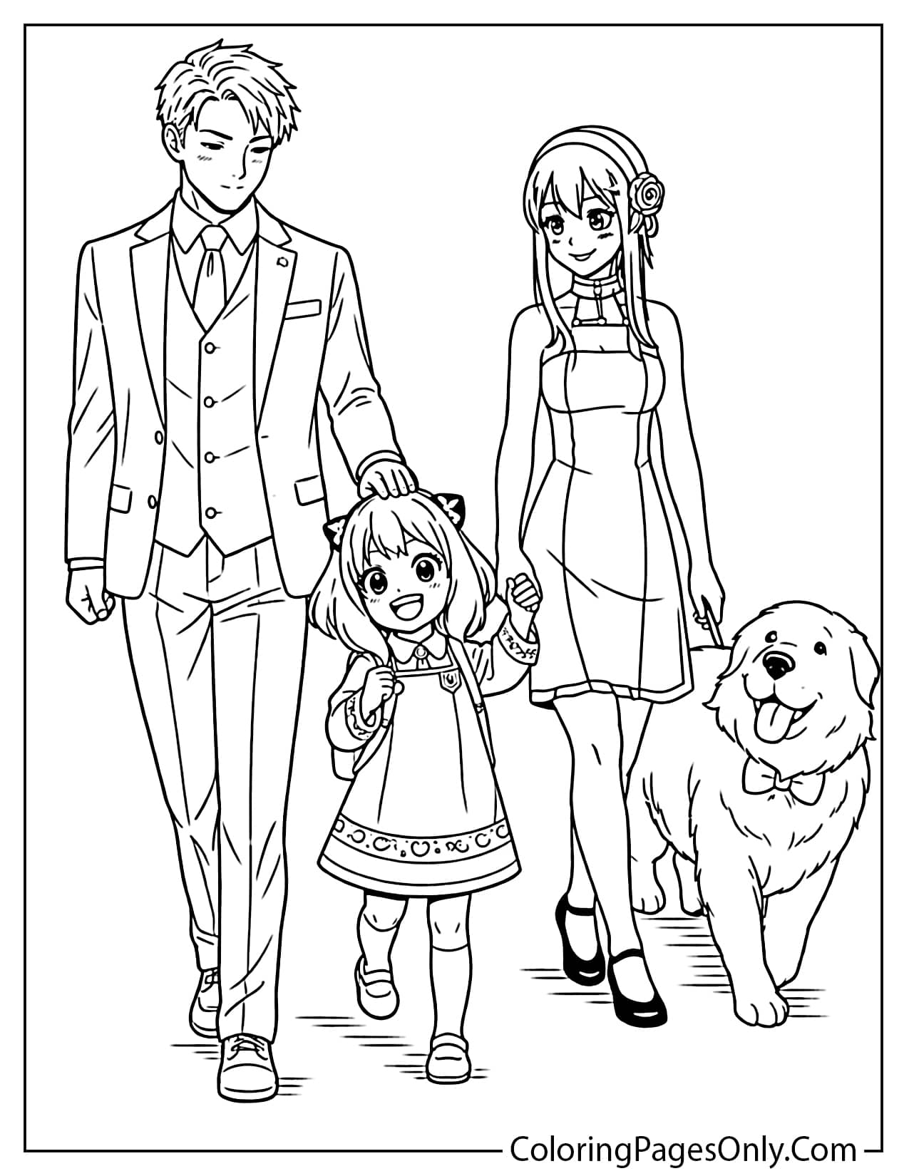 Loid, Yor, and Anya Forger walking together with Bond in a warm family scene from Spy x Family
