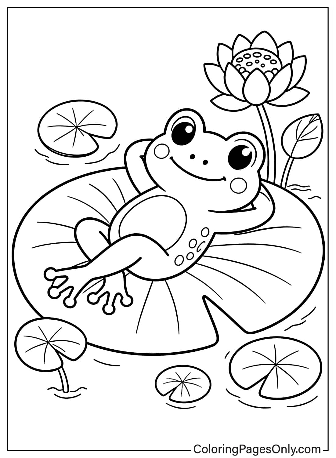 Happy frog lying on a lily pad with lotus flower and leaves – May nature coloring page from May