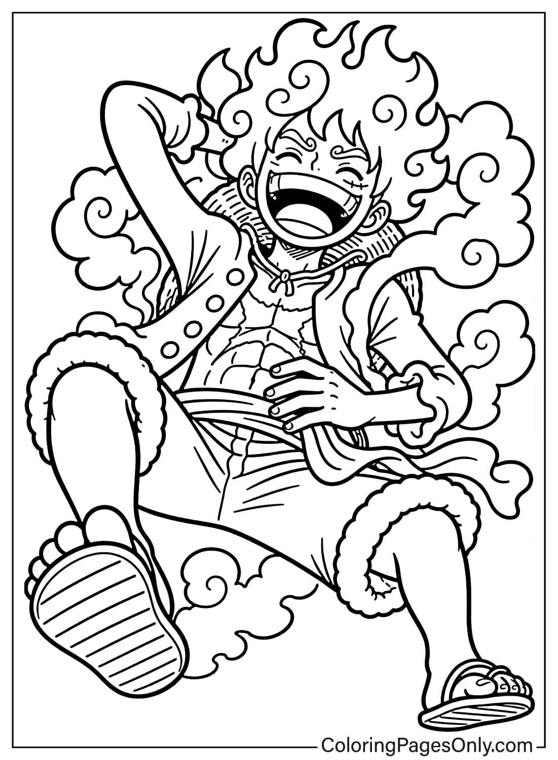 Luffy in Gear 5 laughing joyfully with stylized cloud-like hair and swirling smoke around him from Luffy