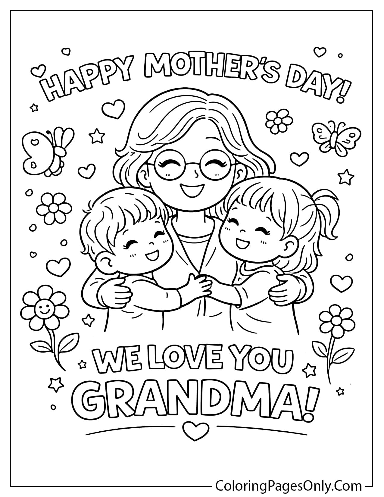 Grandma Mother’s Day coloring page with grandmother and kids hugging and loving message from Mother's Day
