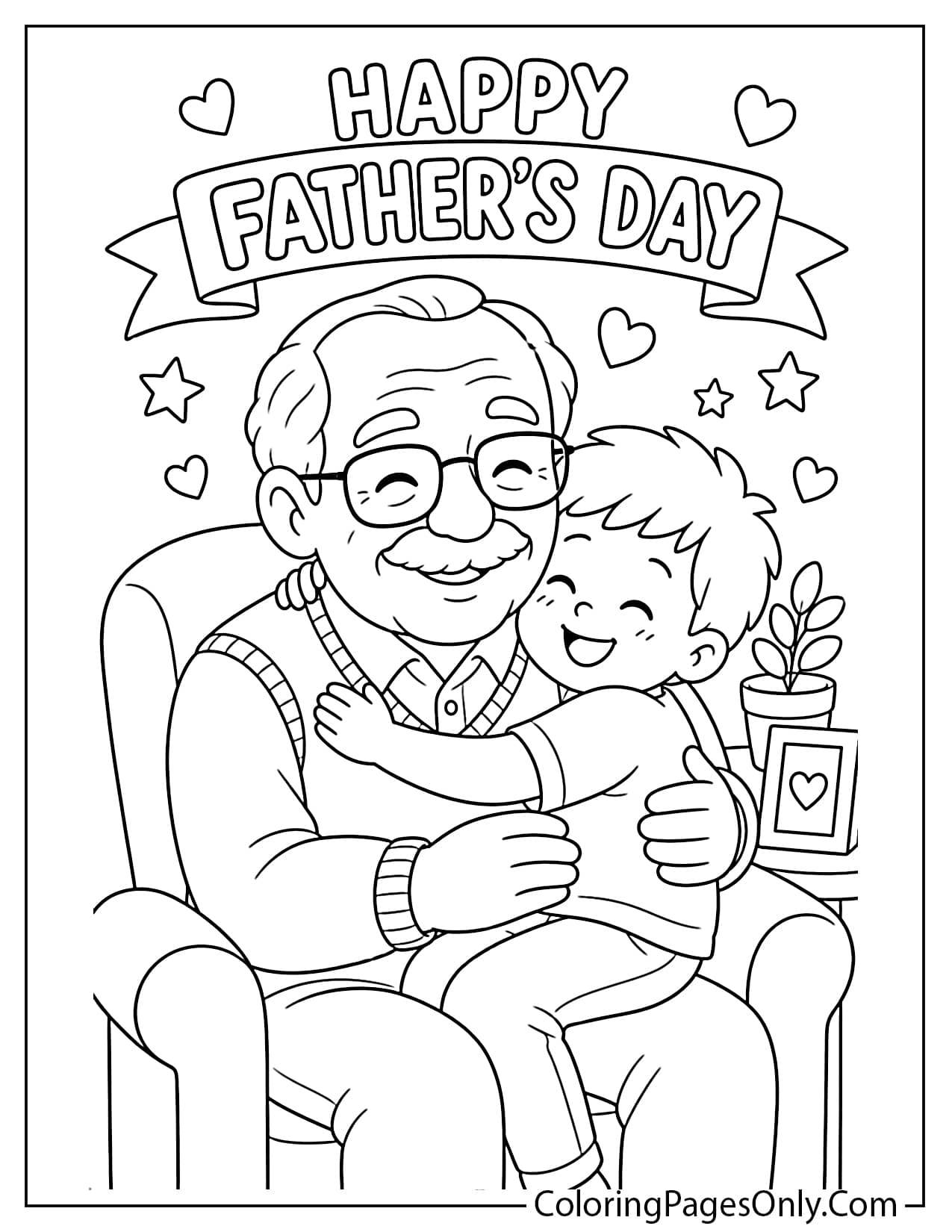 Grandpa father’s day coloring page with grandchild hug from Father's Day