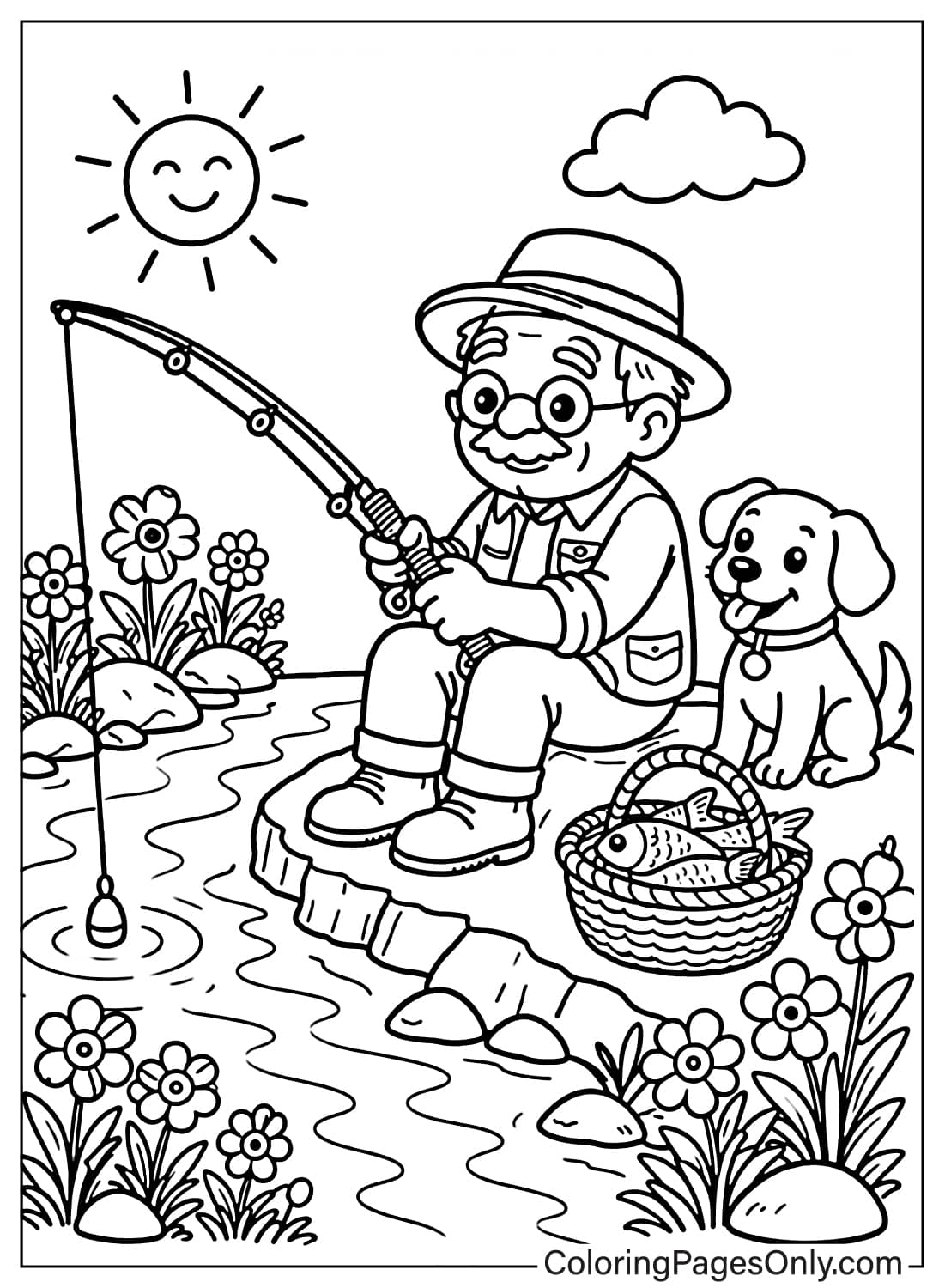 Elderly man fishing by a stream with a dog and basket of fish surrounded by flowers – May nature coloring page from May