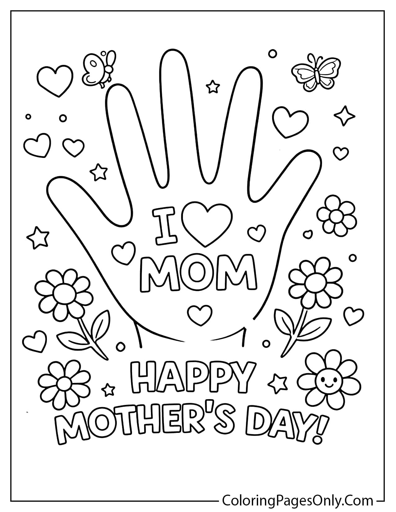 Handprint Mother’s Day coloring page with hearts, flowers, and I love mom message from Mother's Day