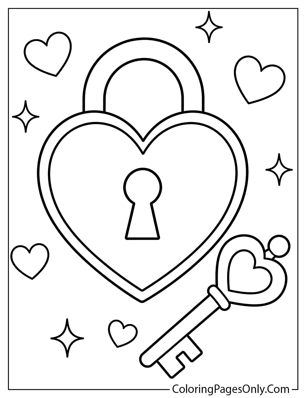 Heart lock and key coloring page printable from Heart