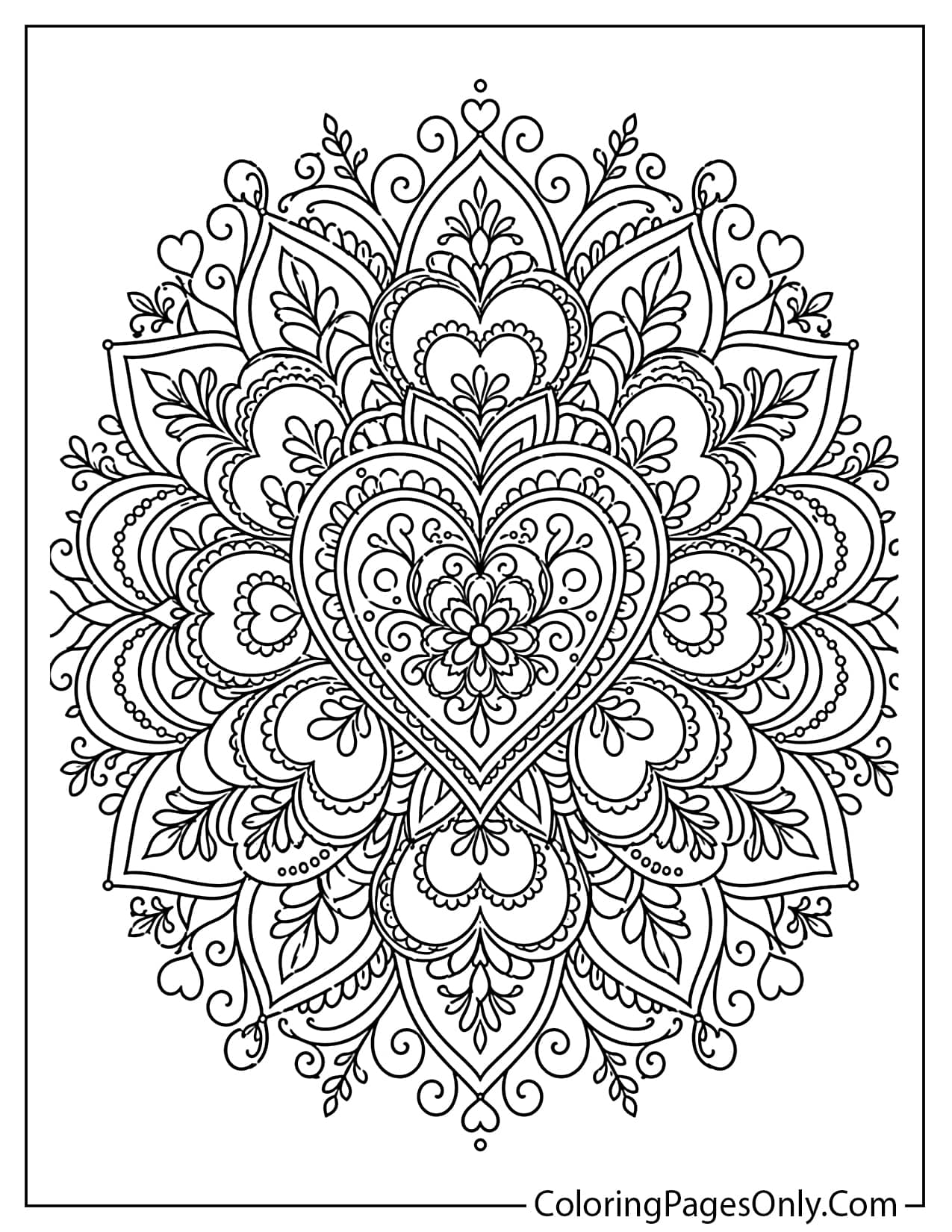 Detailed heart mandala coloring page for adults from Heart