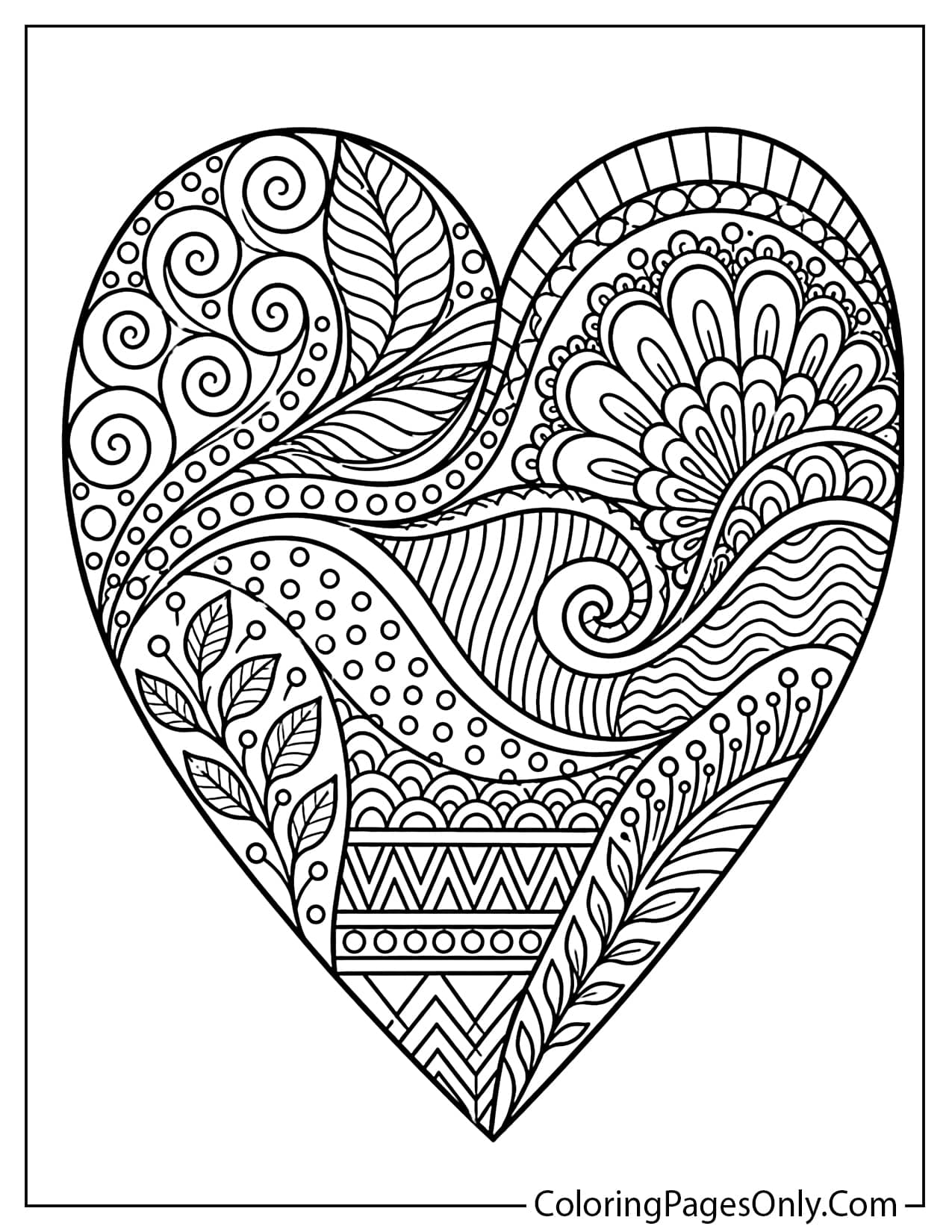 Heart zentangle coloring page with detailed patterns from Heart