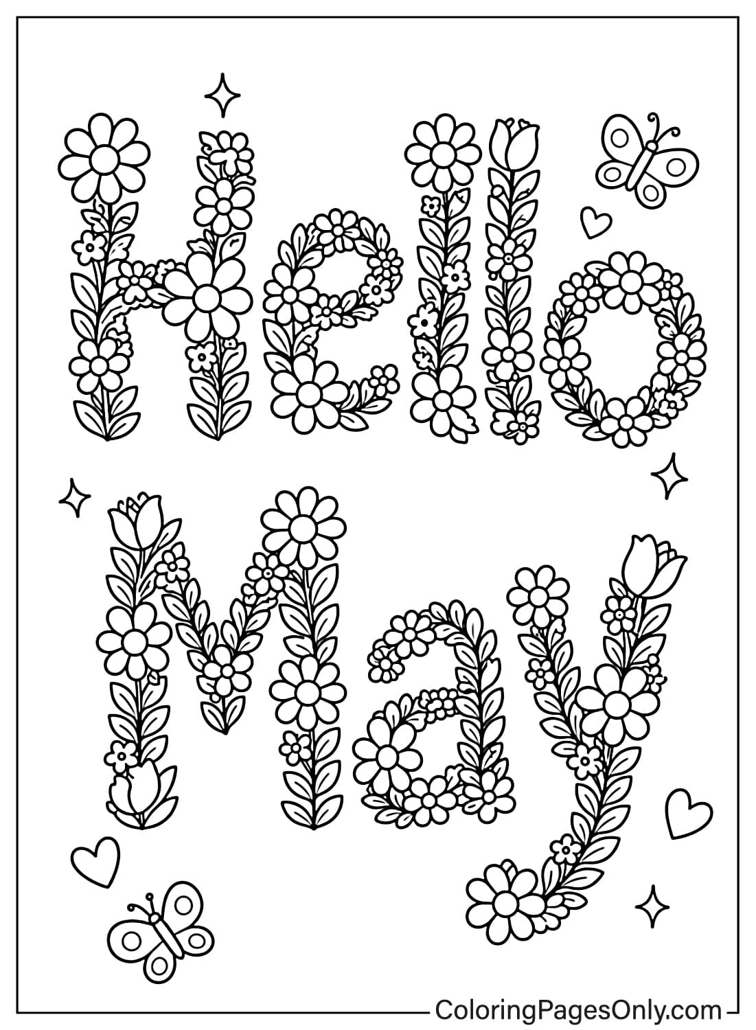 Decorative “Hello May” text made of flowers with butterflies and hearts – May coloring page from May