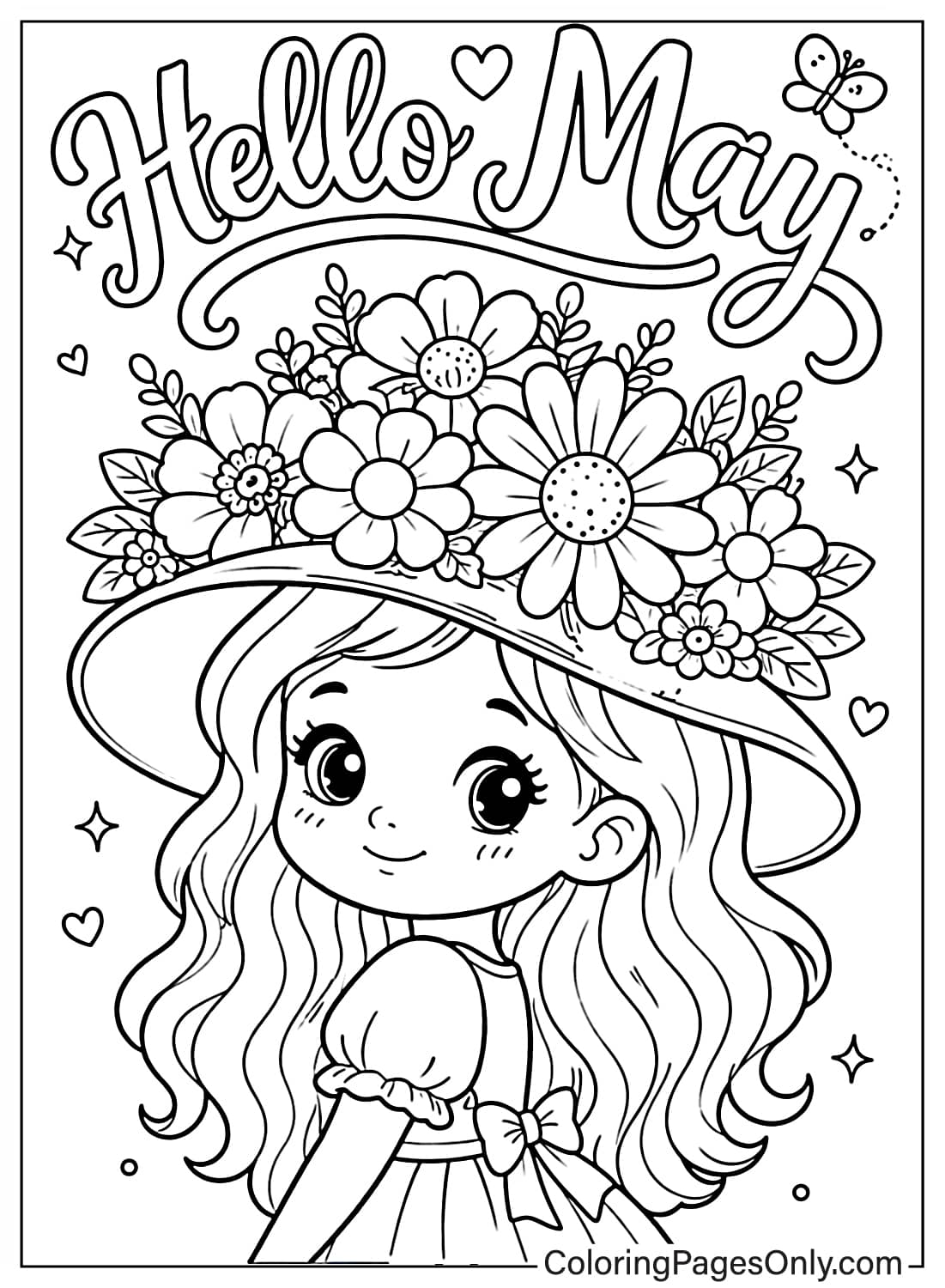 Cute girl wearing a large flower hat with “Hello May” text and butterflies – May coloring page for kids from May
