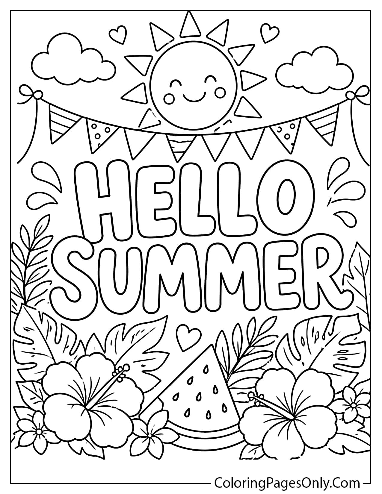 Hello summer banner coloring page with sun and tropical elements from Summer