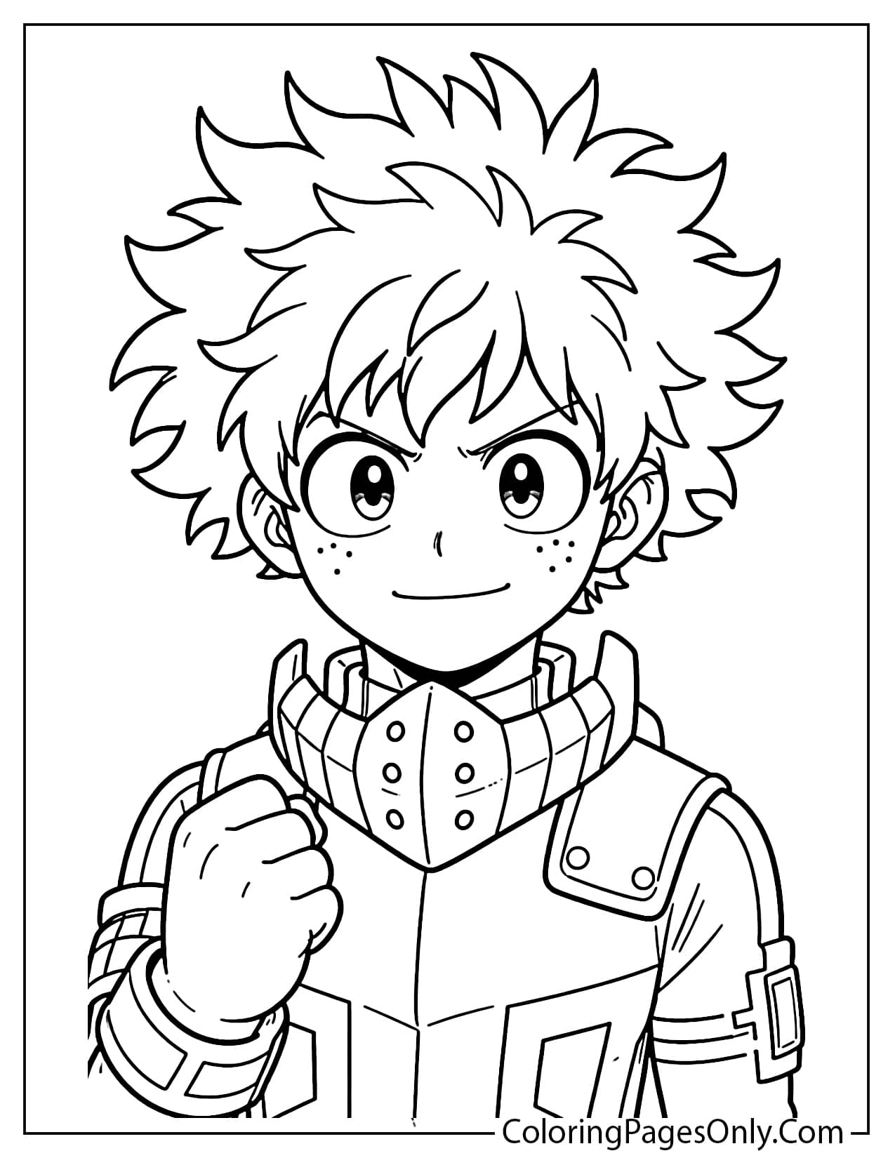 Izuku Midoriya portrait with determined expression coloring page from Deku