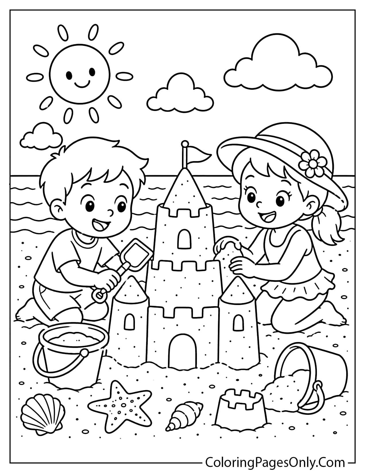 Kids building sandcastles coloring page from Beach
