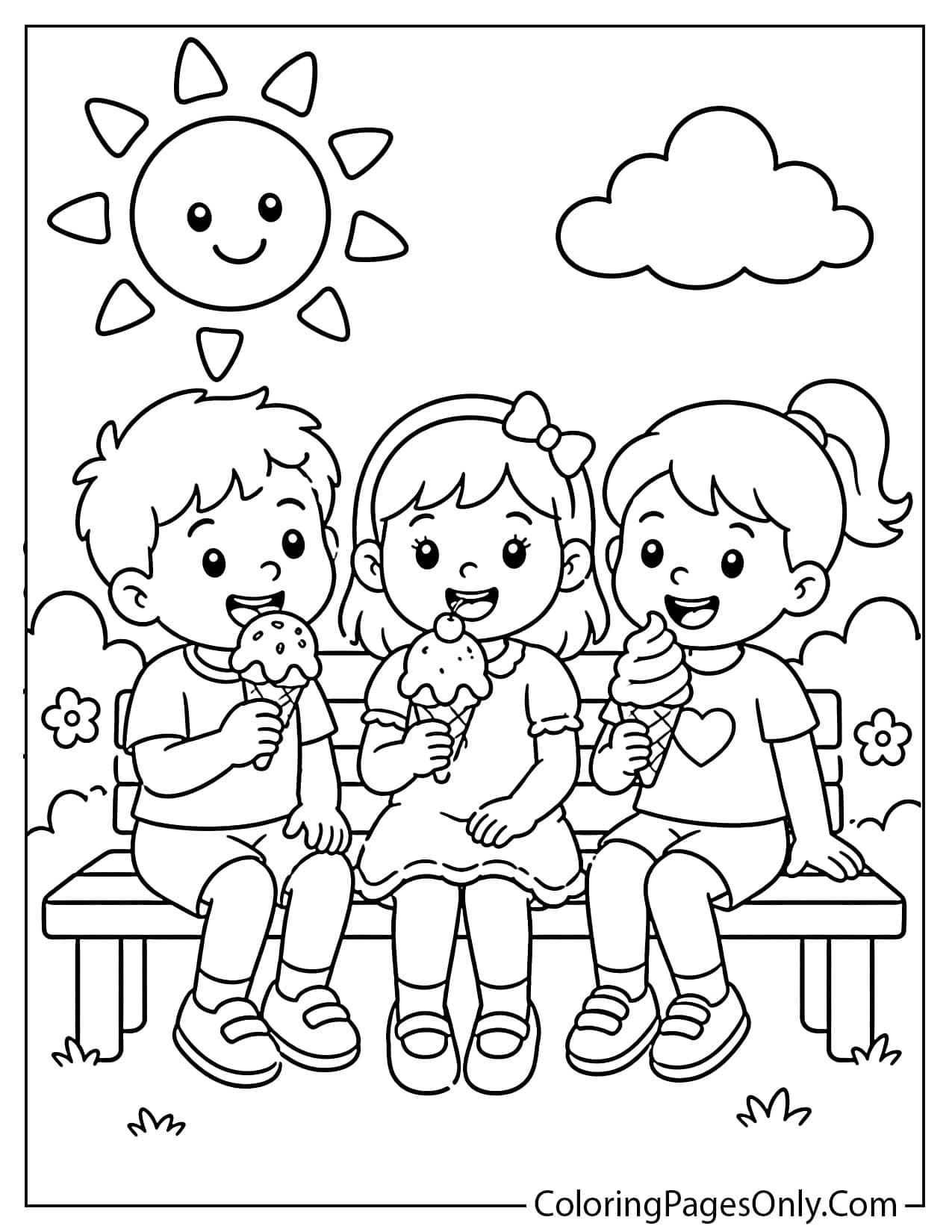 Kids eating ice cream together in summer coloring page from Summer