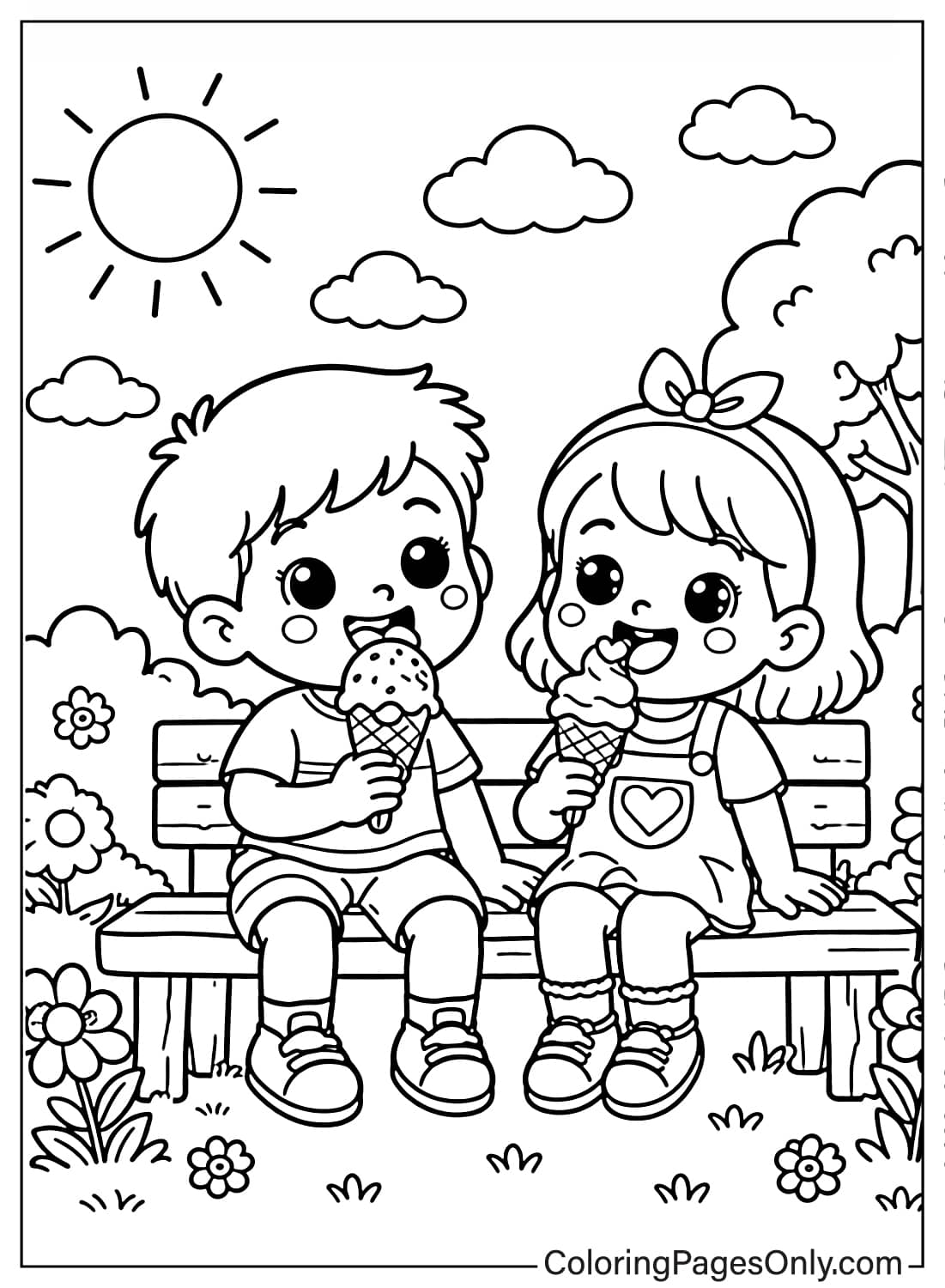 Two children sitting on a bench enjoying ice cream in a sunny park with flowers – May coloring page from May