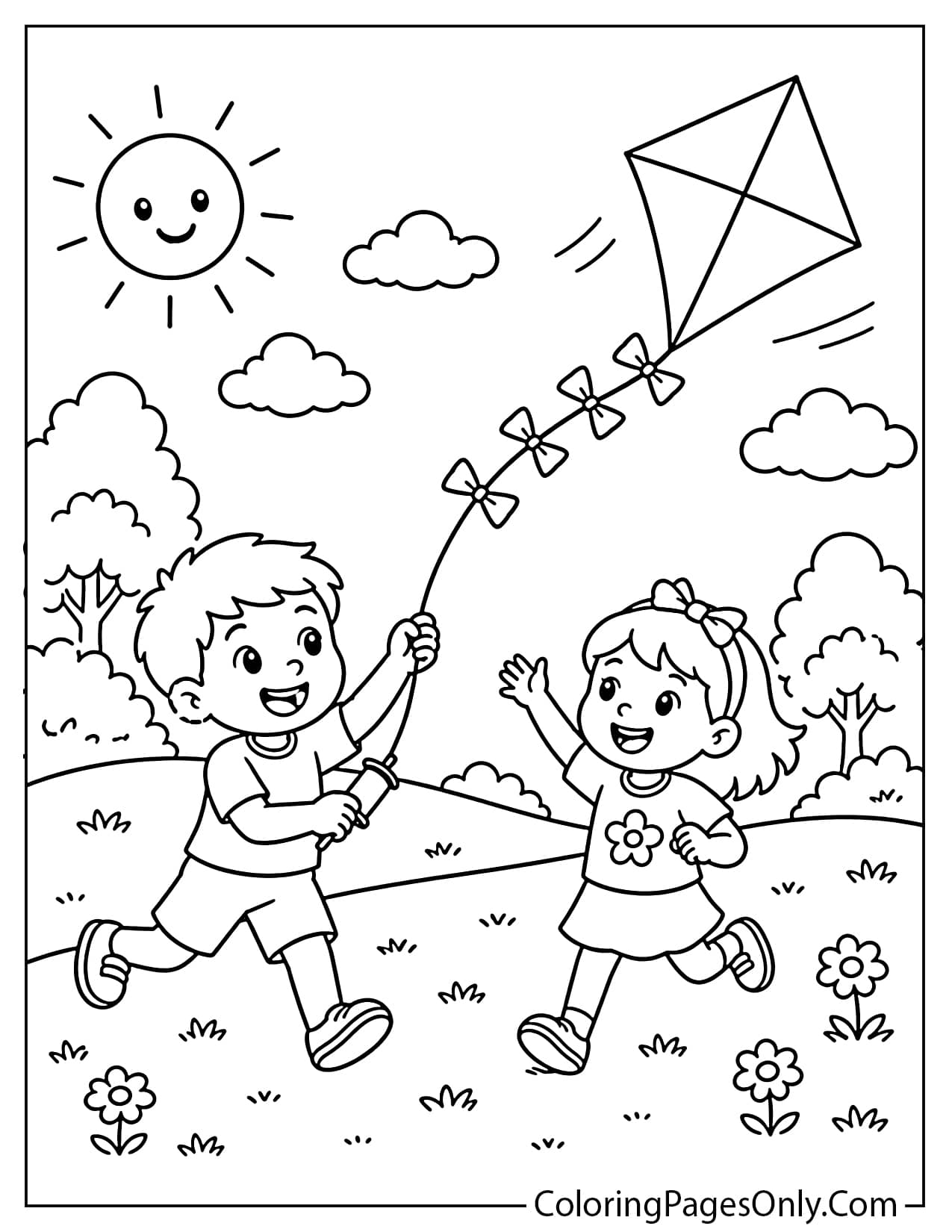 Kids flying a kite summer coloring page in open field from Summer