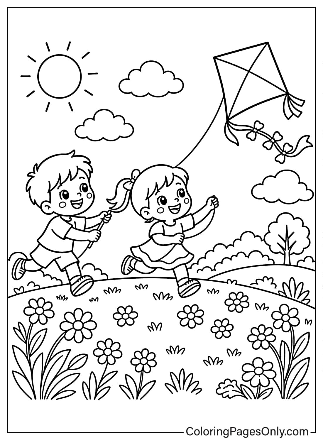 Two kids running and flying a kite on a hill full of flowers under the sun – May spring coloring page from May