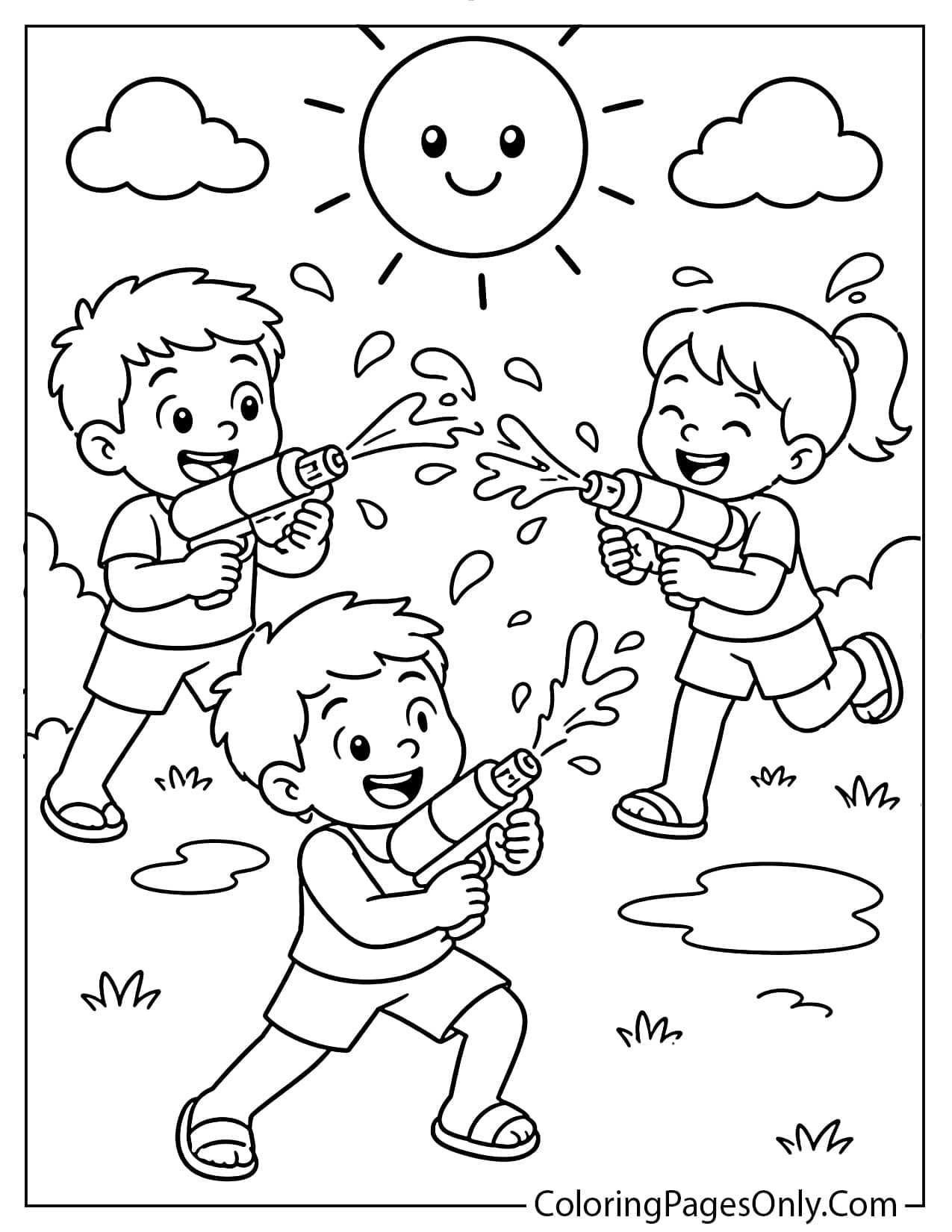 Kids having a water fight summer coloring page with water guns from Summer