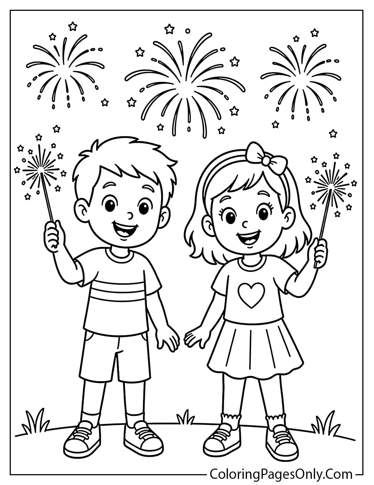 Kids Holding Sparklers Coloring Page from Fireworks