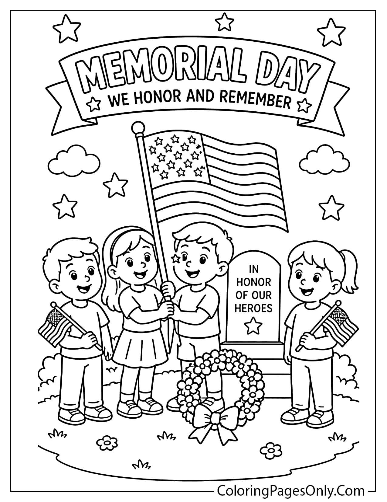 Kids honoring Memorial Day together coloring page with flags and memorial wreath from Memorial Day