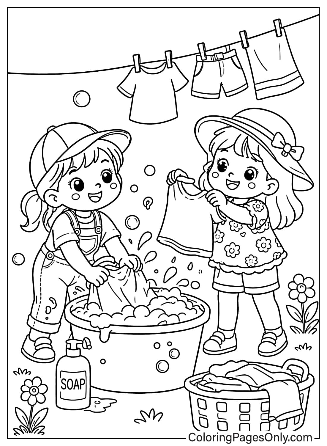 Two girls washing clothes and hanging laundry outside with soap bubbles – May activity coloring page from May