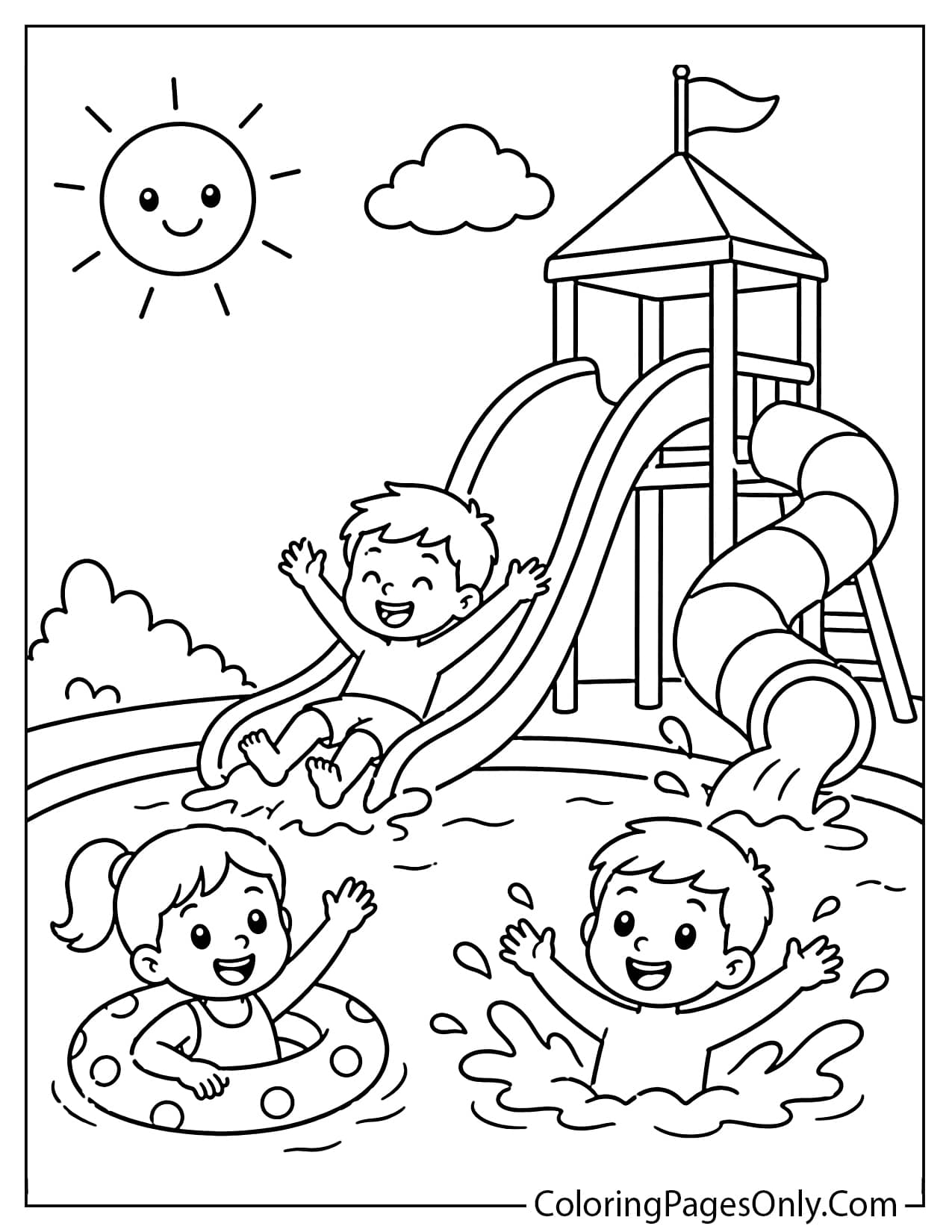 Kids playing at water park summer coloring page with slides from Summer