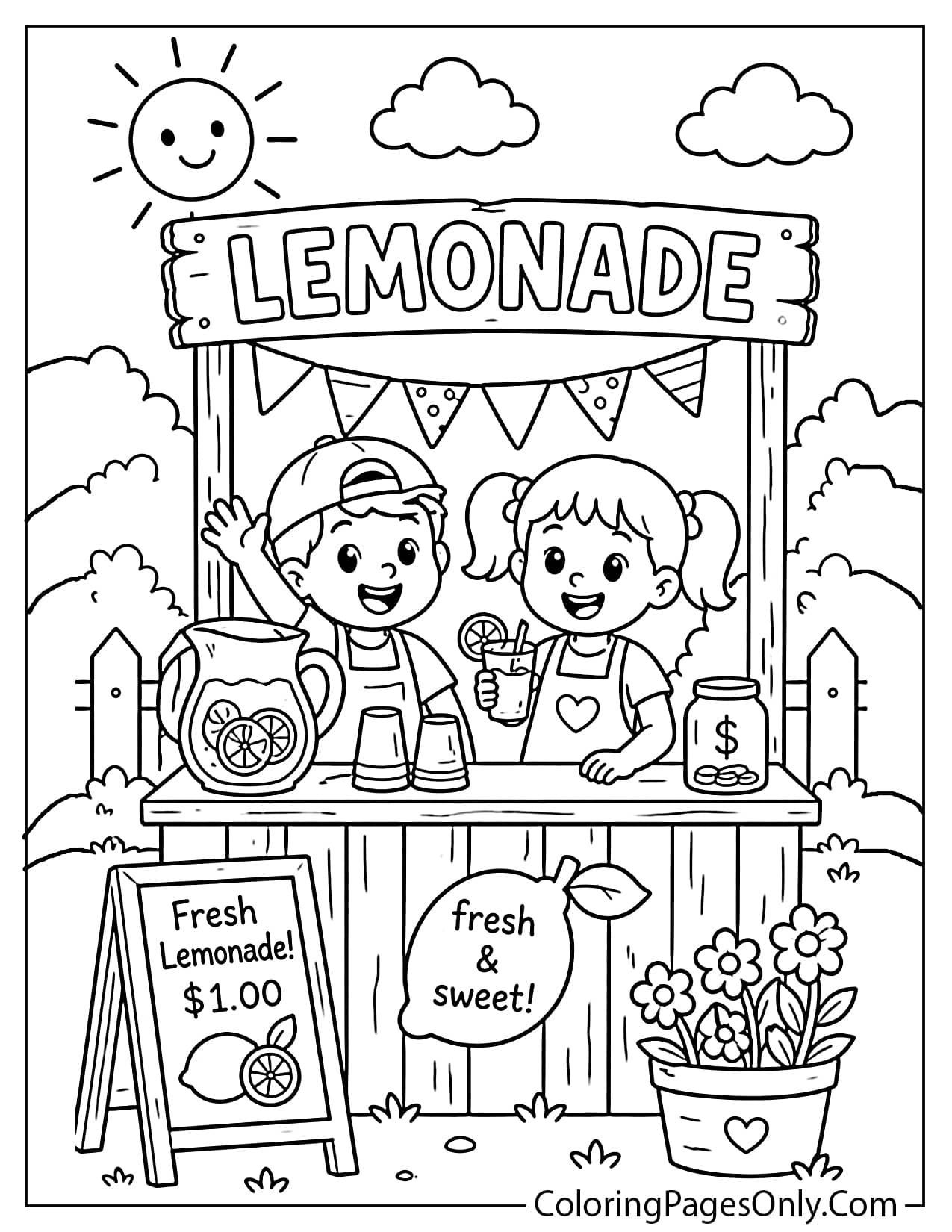 Lemonade stand summer coloring page with kids selling drinks from Summer