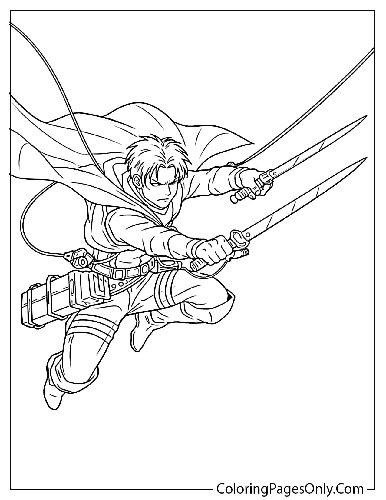 Levi Ackerman using ODM gear mid air attack coloring page from Attack On Titan