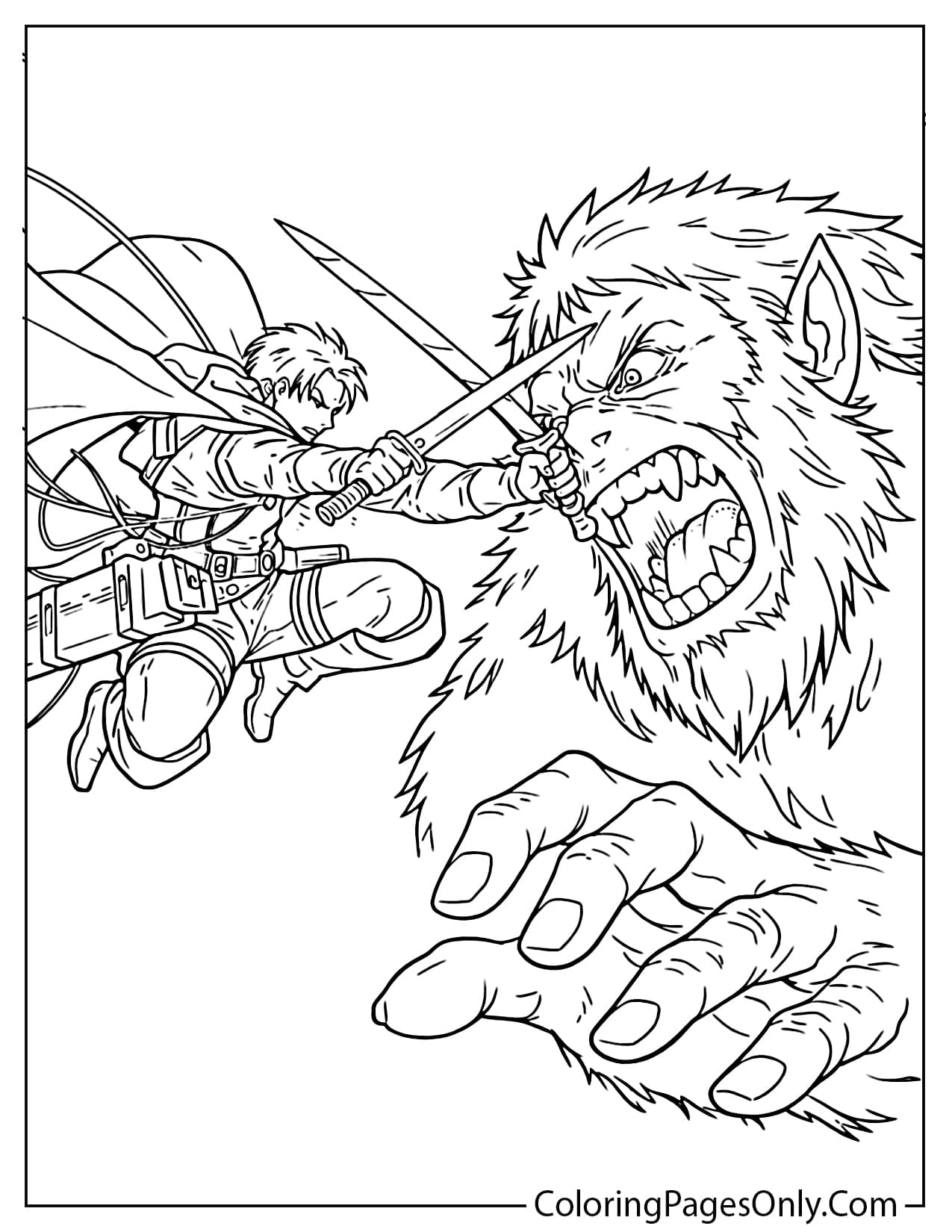 Levi Ackerman fighting Beast Titan dynamic battle coloring pag from Attack On Titan