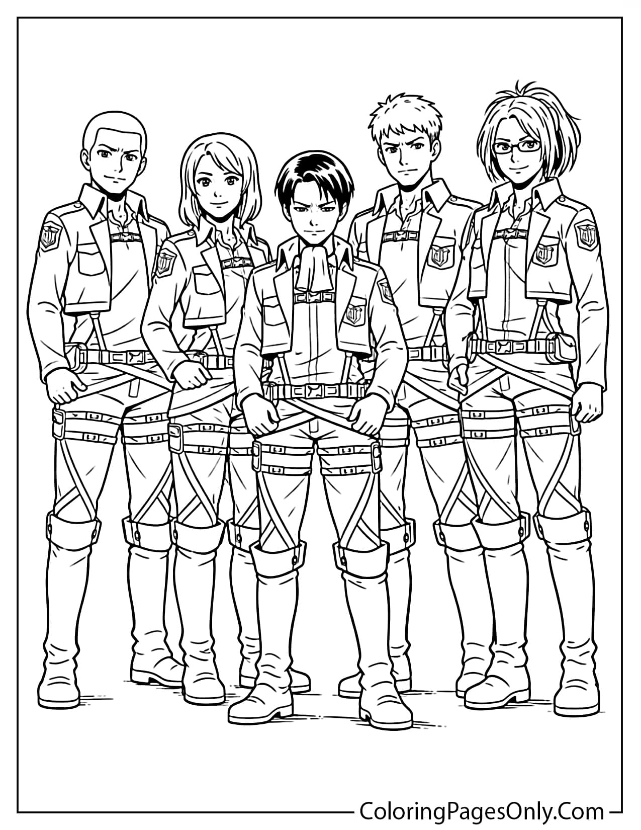 Levi squad group standing together in uniform coloring page from Attack On Titan