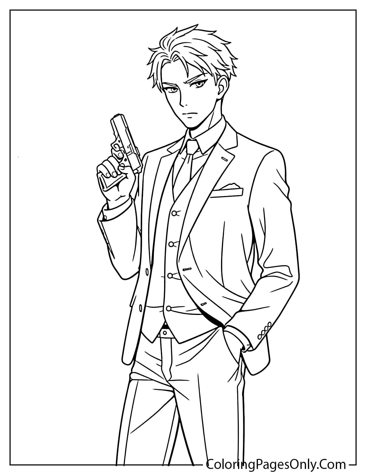 Loid Forger standing confidently in a sharp spy suit with a calm and mysterious expression from Spy x Family