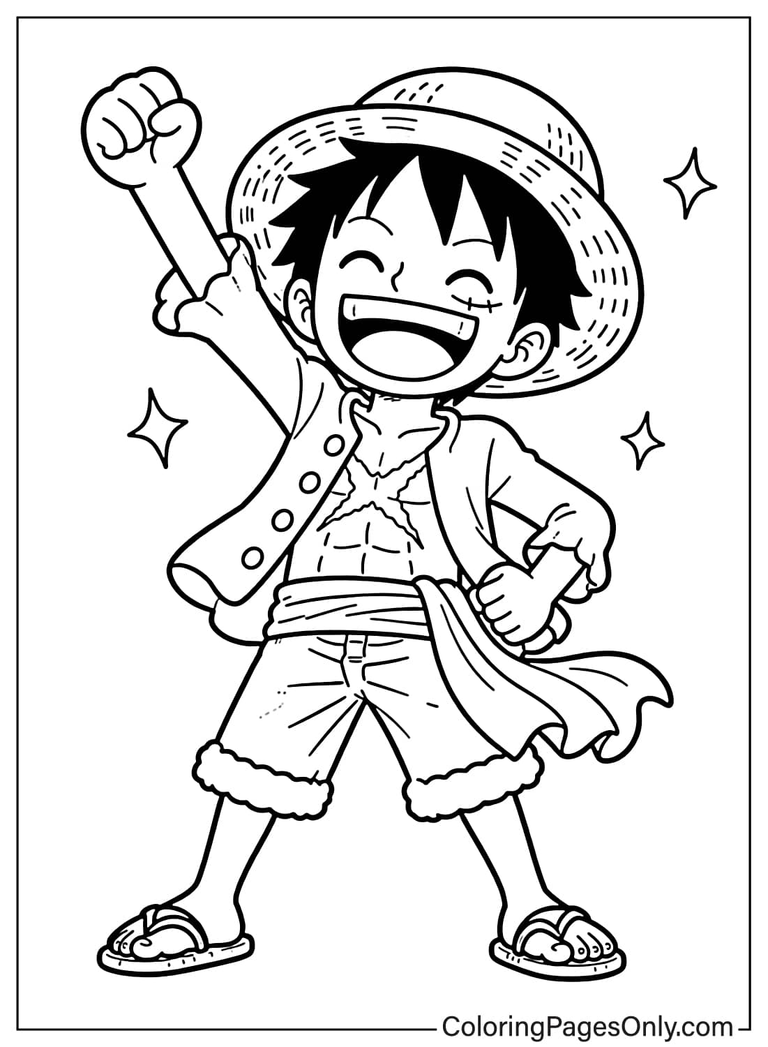 Luffy smiling brightly and raising one fist in a joyful victory pose from Luffy
