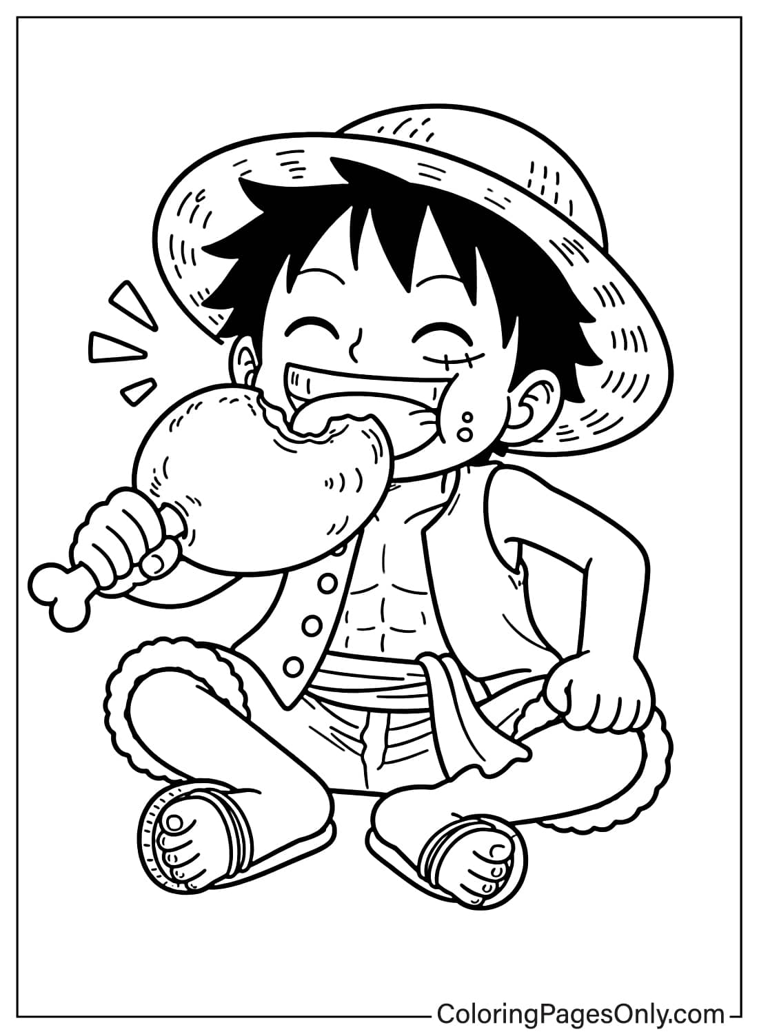 Luffy sitting cross-legged and happily eating a giant meat drumstick from Luffy