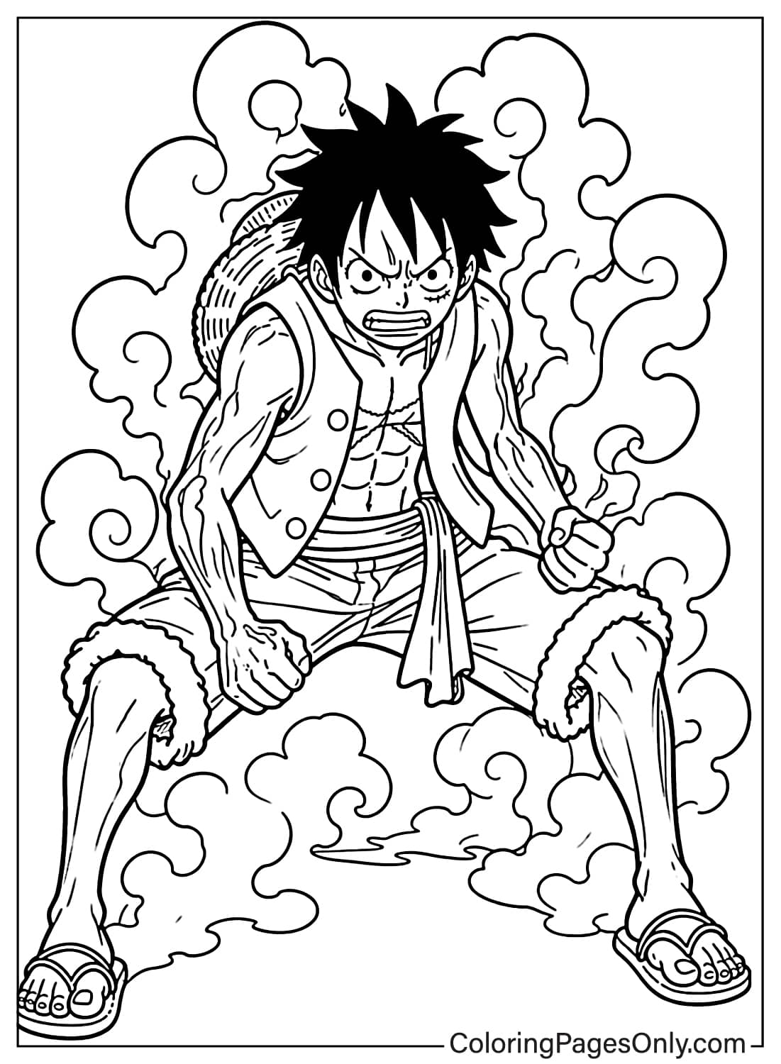Luffy in Gear 2 standing in a fierce battle stance with smoke curling around his body from Luffy