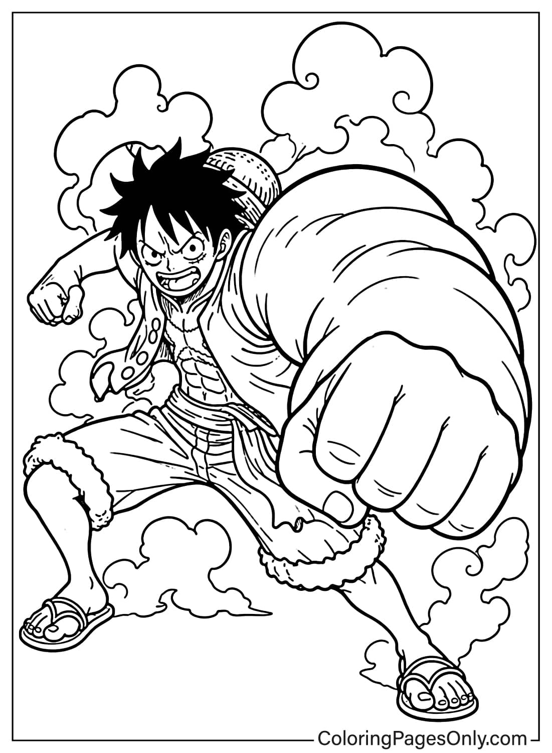 Luffy in Gear 3 throwing a powerful punch with one oversized fist extended forward from Luffy